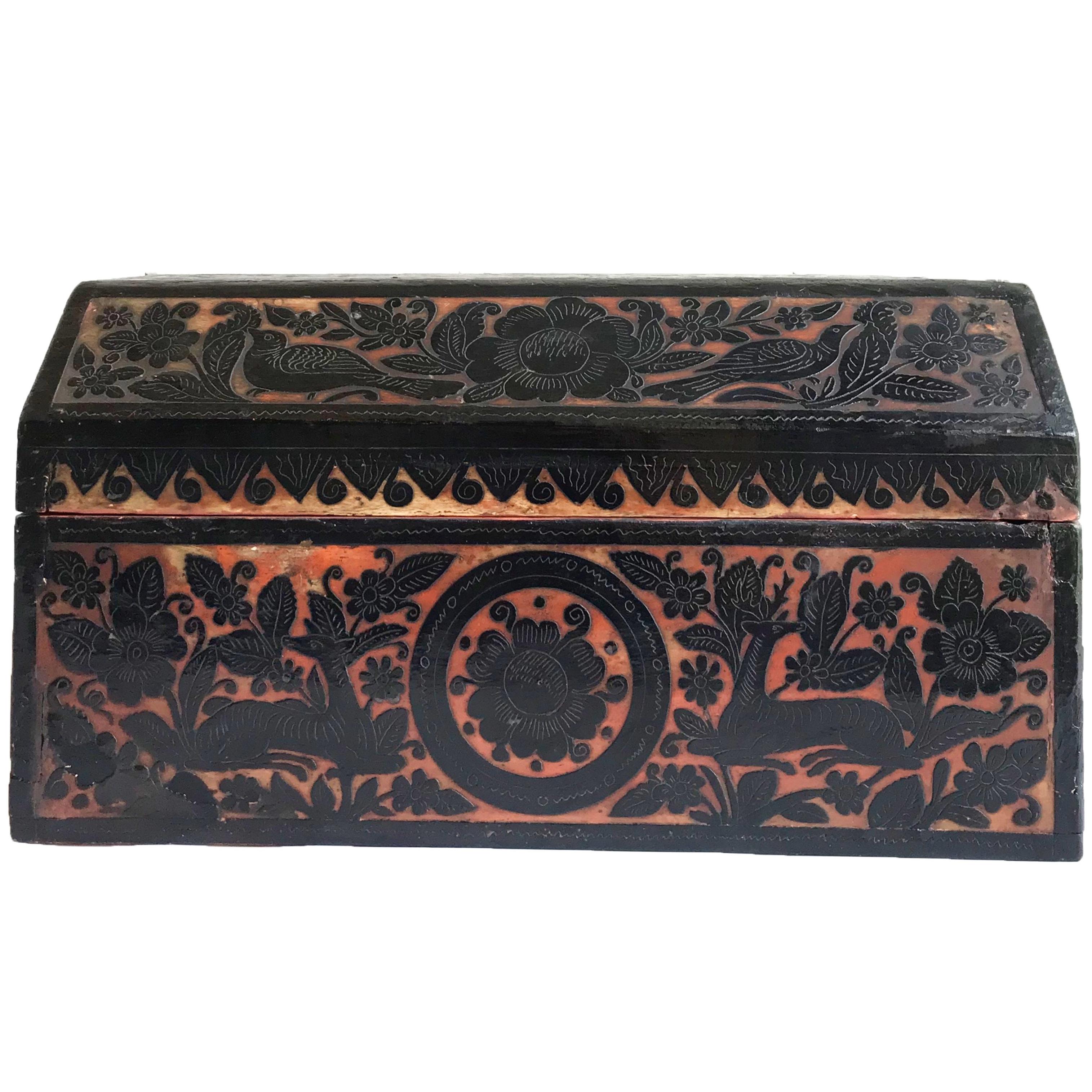 Early 19th Century American Carved Lacquered Folk Art Wooden Box from Tennessee