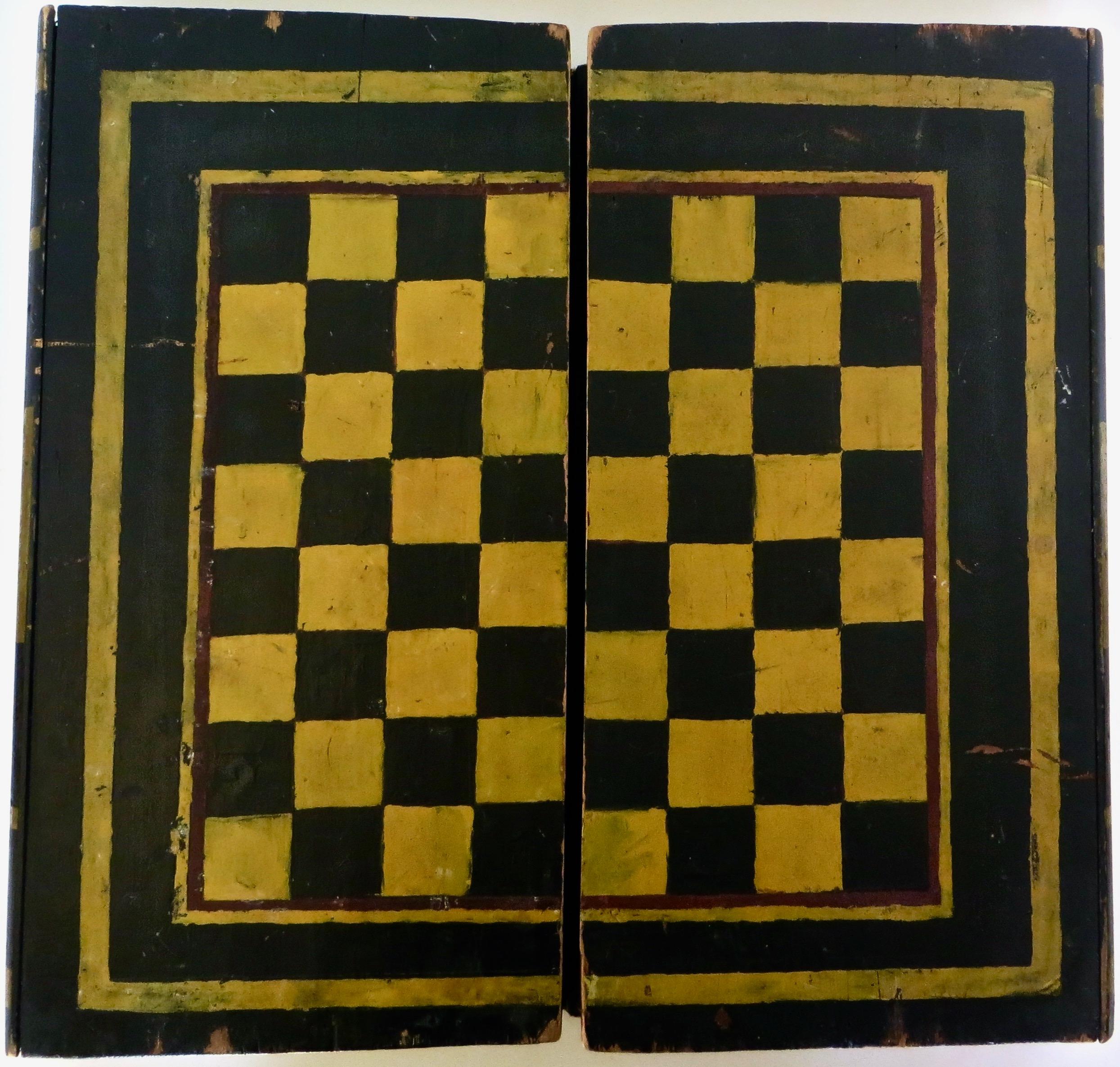 Very early American wooden games board; probably the oldest I have handled, this dates to about circa 1835 and exhibits the markings of a typical cottage industry type manufacture (not unlike very early Noah's Arks). Obviously entirely hand crafted;