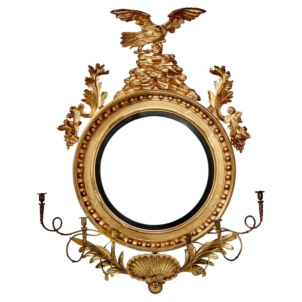 Federal Early 19th Century American Giltwood Convex Girandole Mirror For Sale