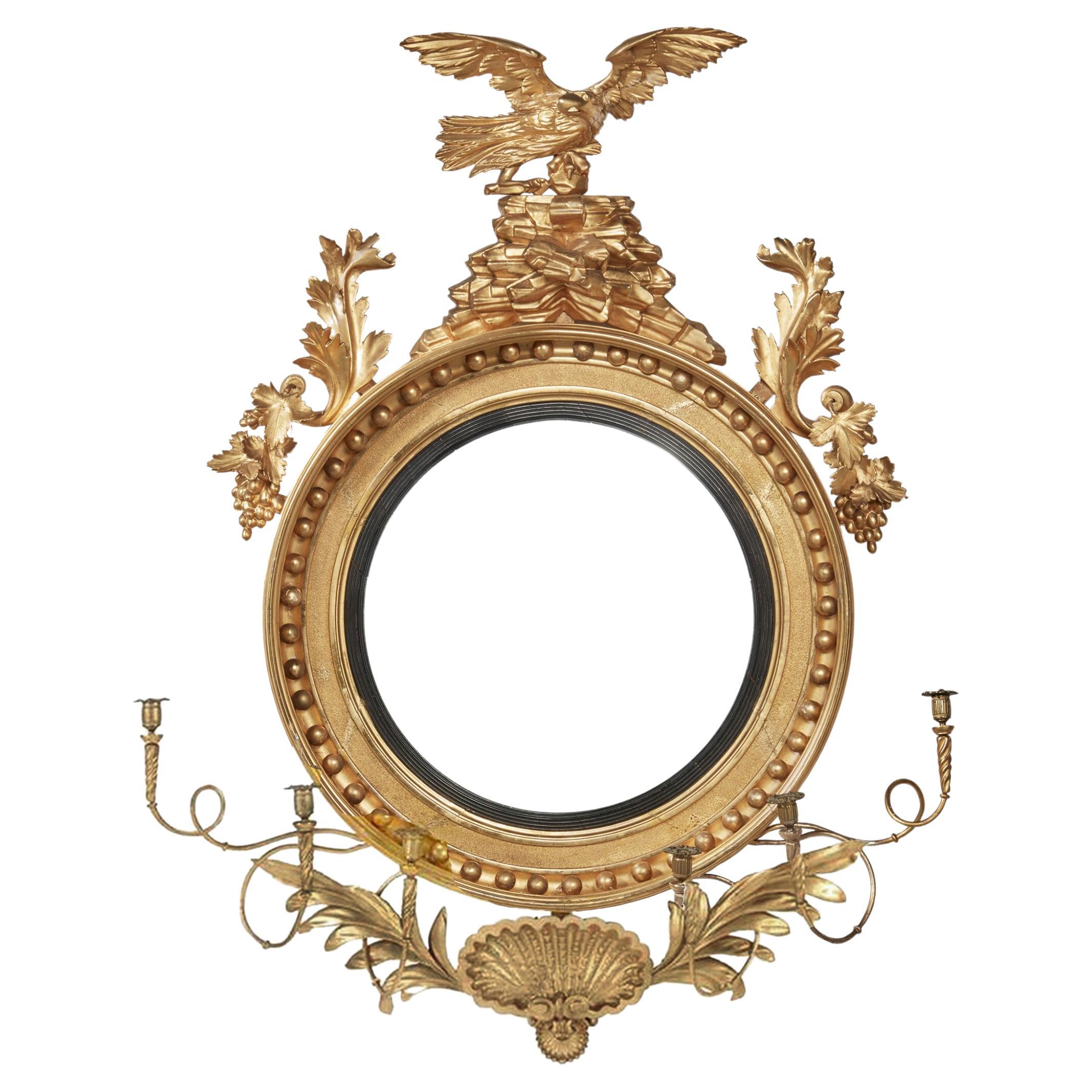 Early 19th Century American Giltwood Convex Girandole Mirror In Good Condition For Sale In Essex, MA