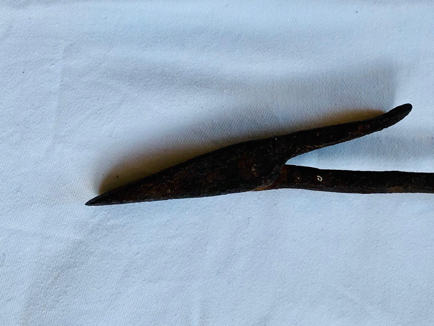 Early 19th century American Grommet Iron Harpoon, circa 1830, having a wide flat 5 - 1/2 inch long head with very slight rise to the rear edge, pivoting on the pierced disc end of the 1/4 inch diameter shank ending in socket with open seam. The