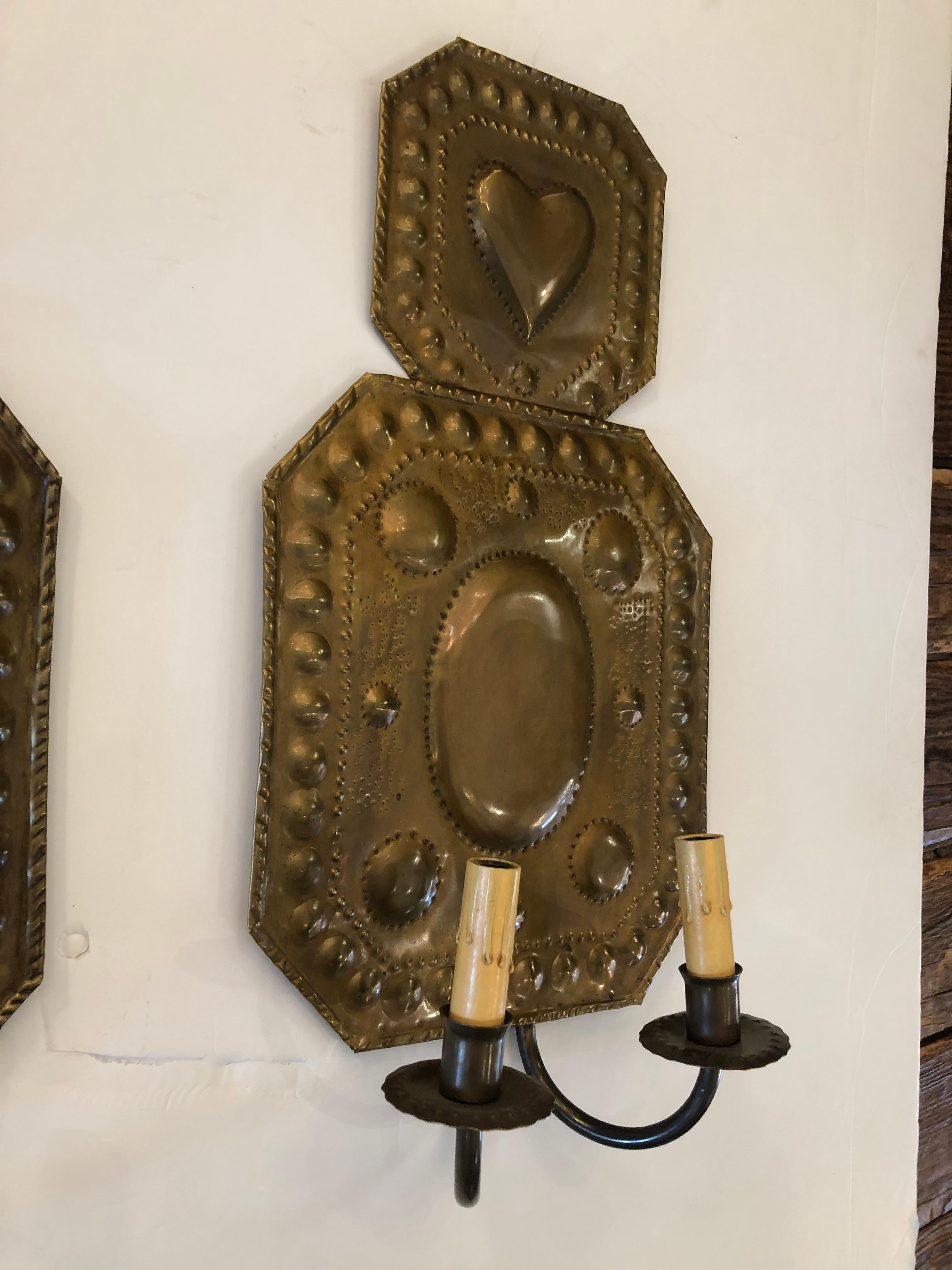 Folk Art Early 19th Century American Hammered Brass Wall Sconces For Sale