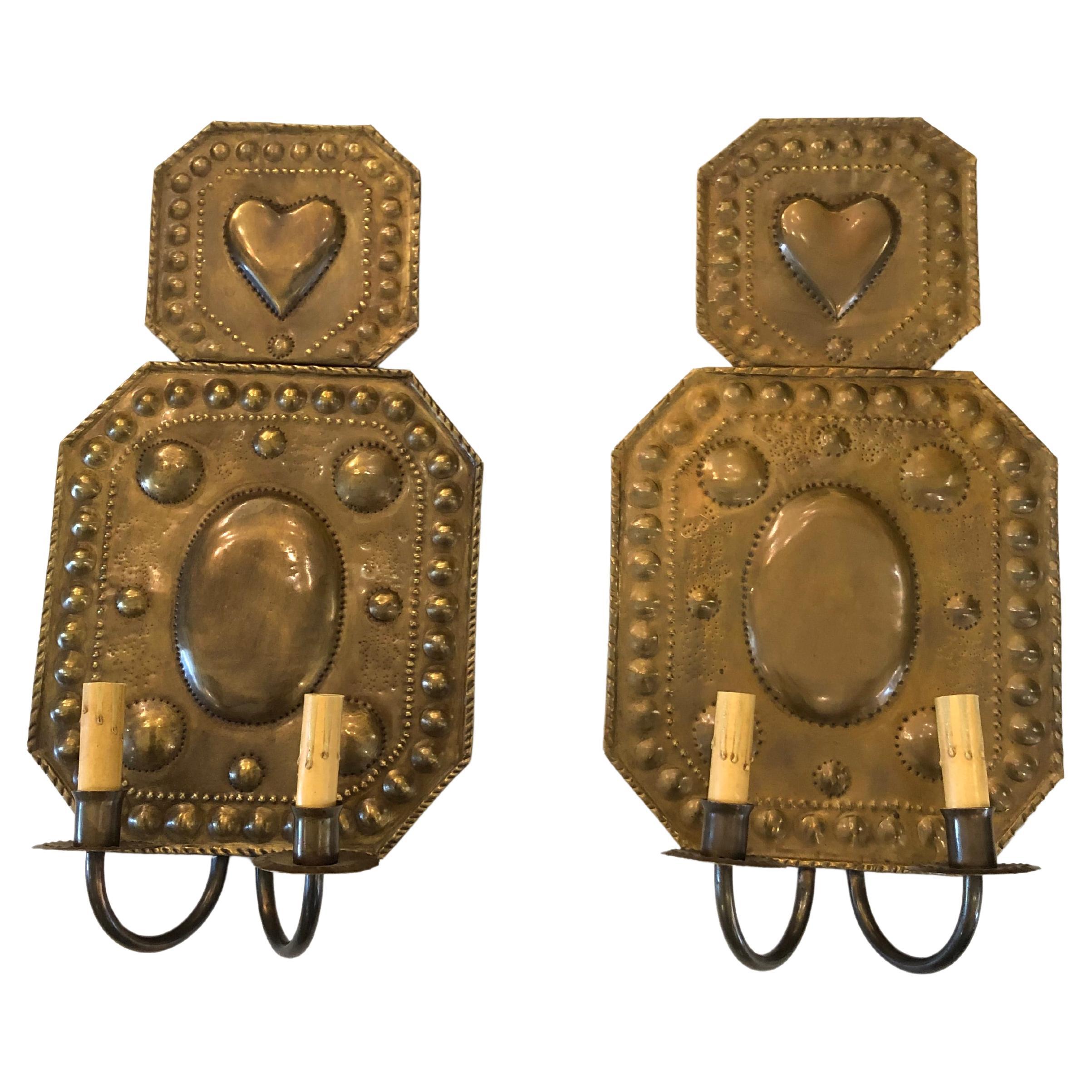 Early 19th Century American Hammered Brass Wall Sconces For Sale