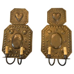 Antique Early 19th Century American Hammered Brass Wall Sconces