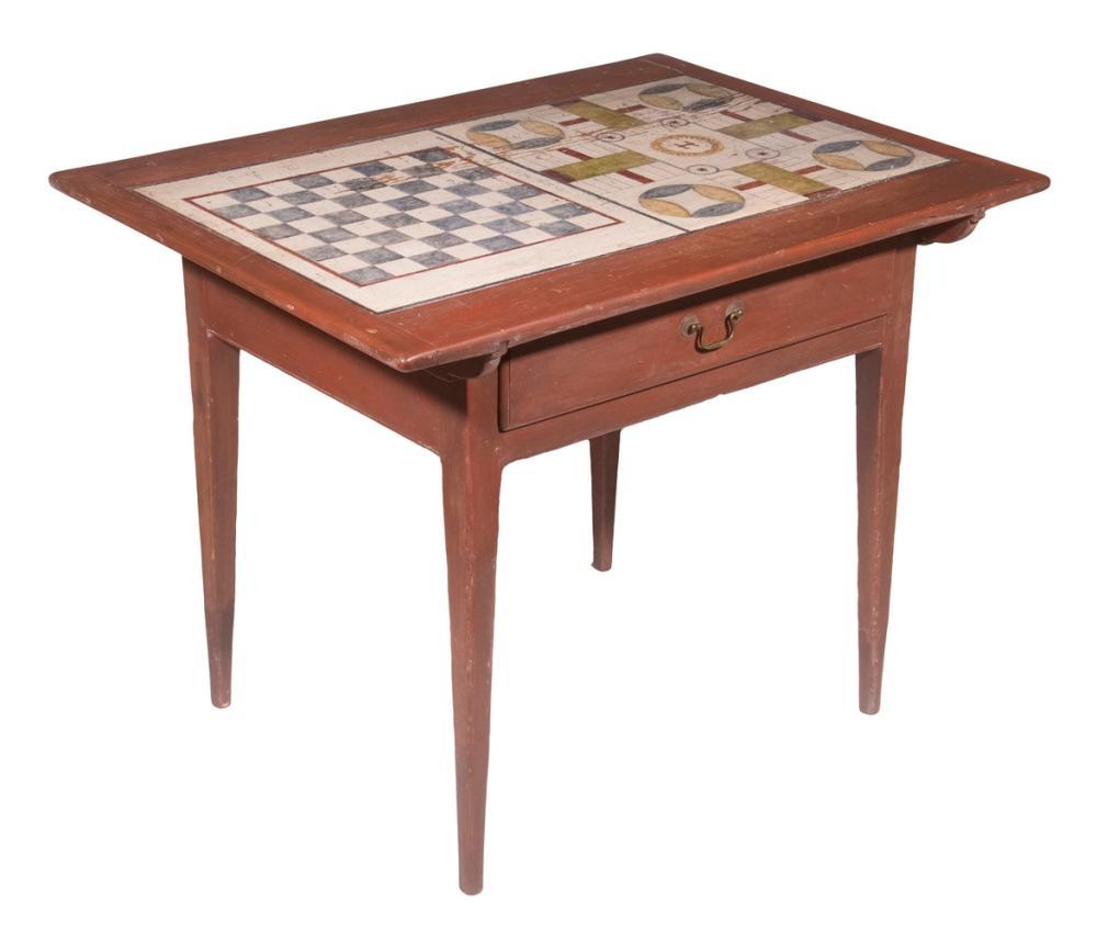 EARLY PAINTED TAVERN / GAMES TABLE
Country Hepplewhite Pine Rectangular Table, early 19th c., with red painted surface, having a removable breadboard end top secured by side pegs, painted Parcheesi and checkerboards to one side, backgammon board to