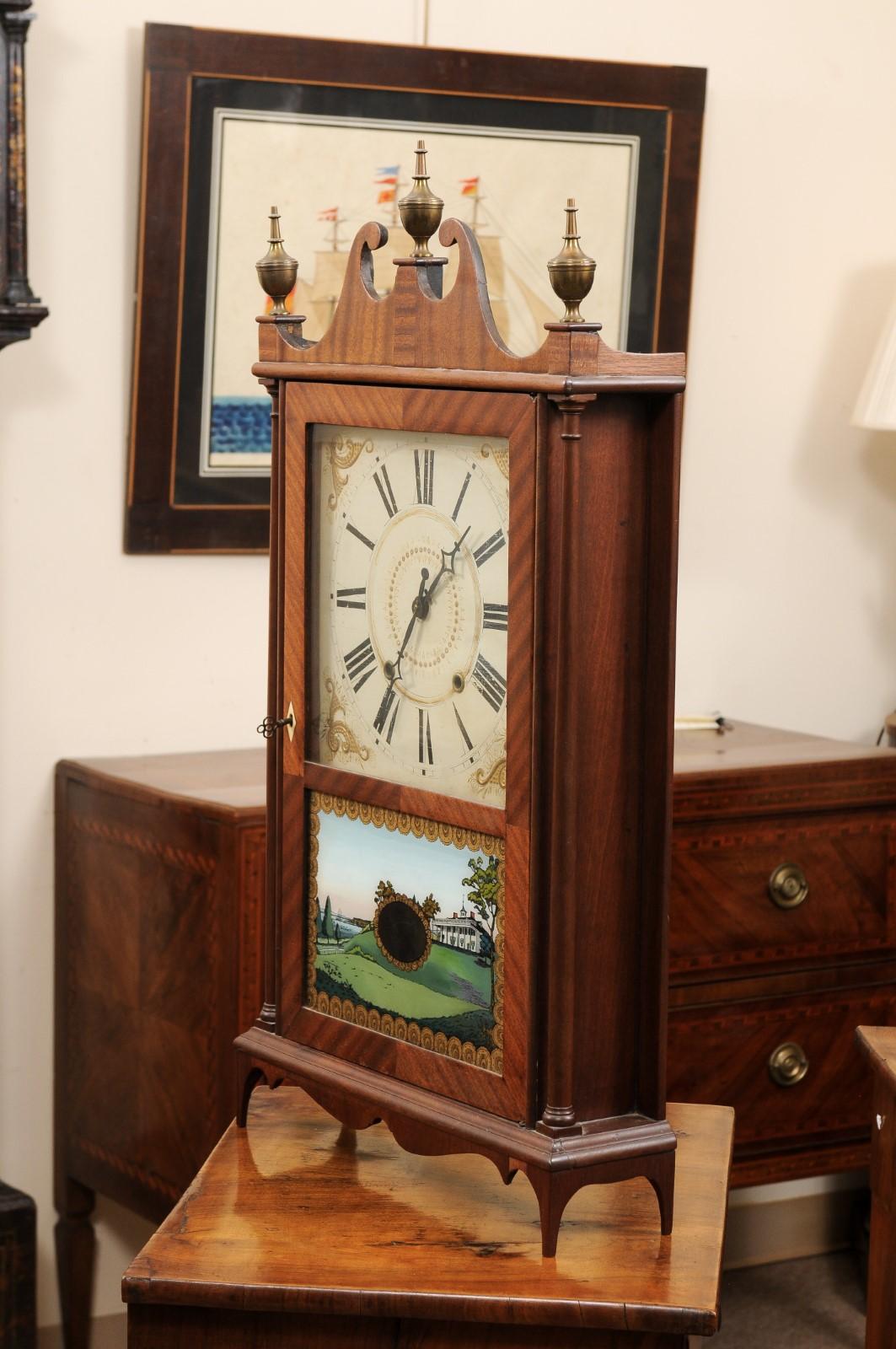 Early 19th Century American Pillar & Scroll Clock in Mahogany For Sale 7