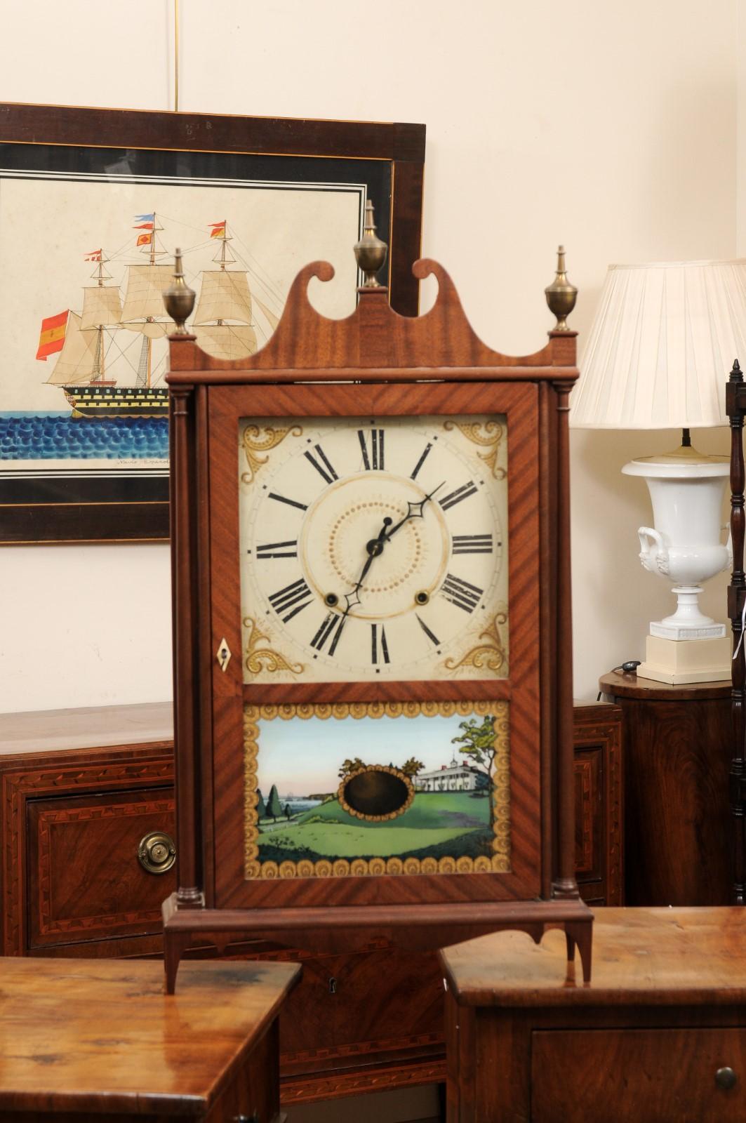 Early 19th Century American Pillar & Scroll Clock in Mahogany For Sale 8