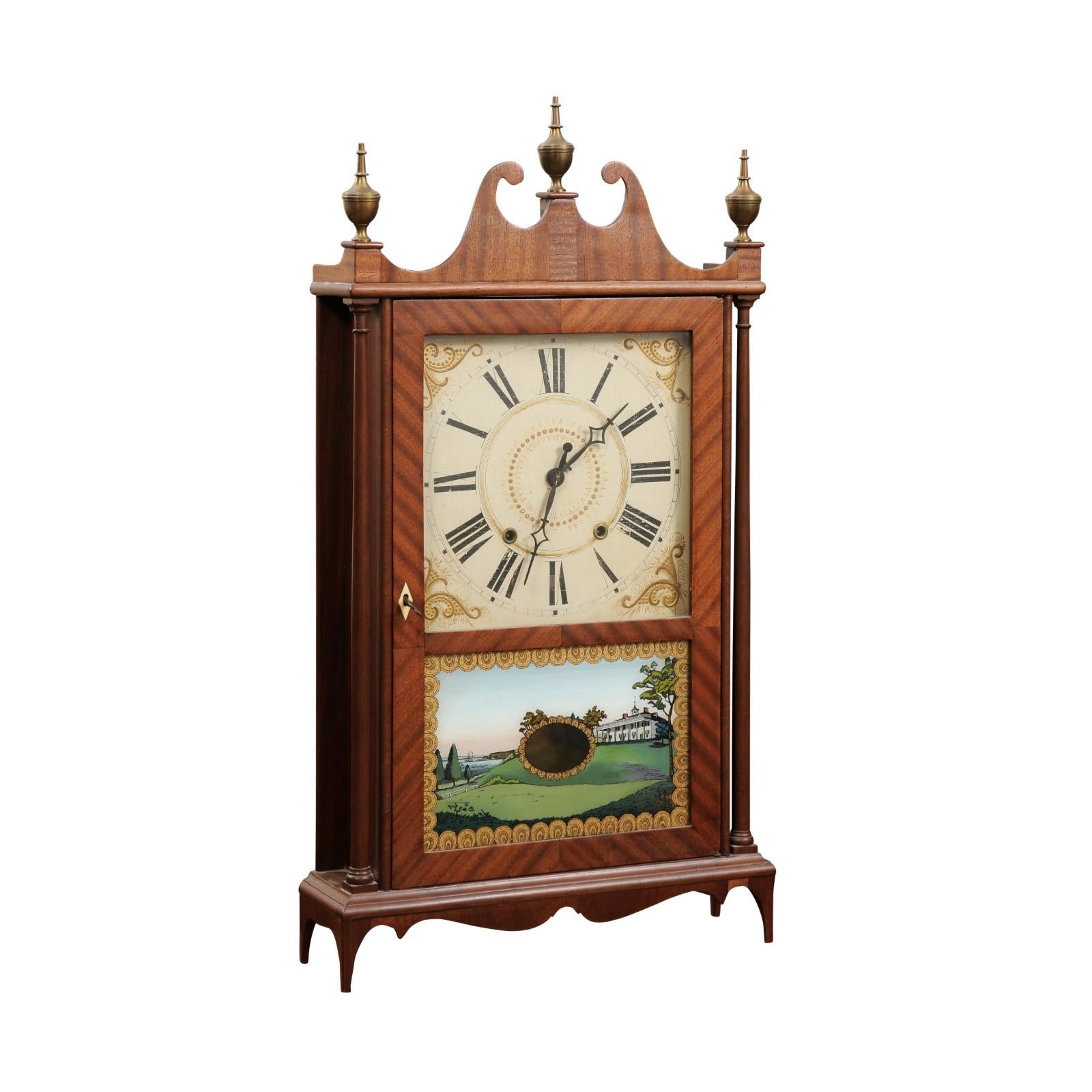 Early 19th Century American Pillar & Scroll Clock in Mahogany with Eglomise Painted Landscape Scene