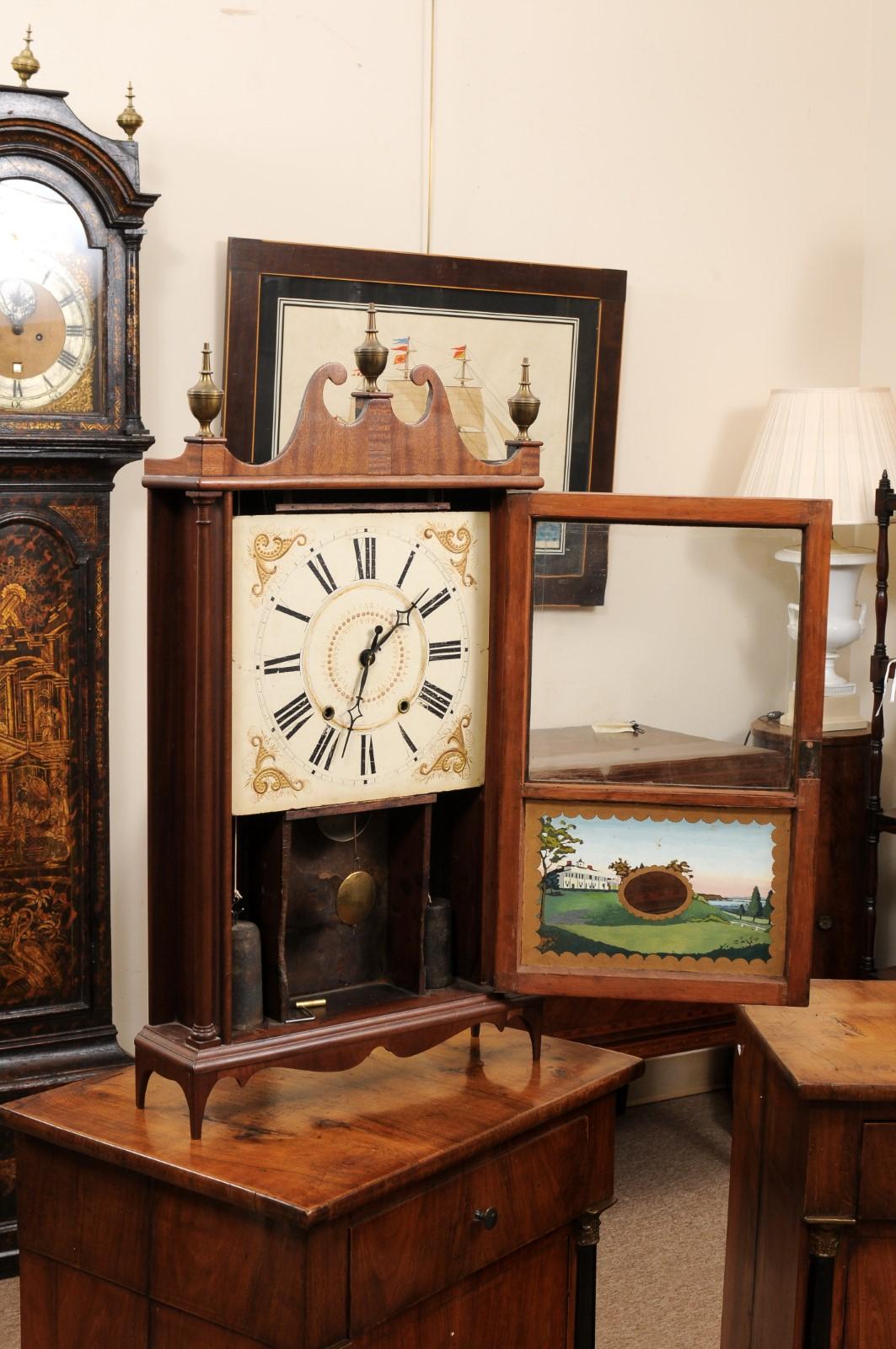 Early 19th Century American Pillar & Scroll Clock in Mahogany For Sale 1