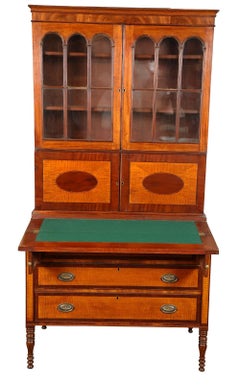 Early 19th Century American Sheraton 2 Part Secretary of Mahogany & Tiger Maple