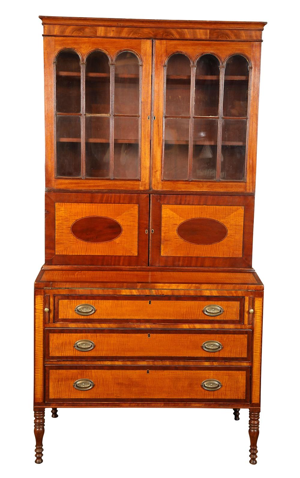 Early 19th Century American Sheraton 2 Part Secretary of Mahogany & Tiger Maple In Good Condition For Sale In Stamford, CT