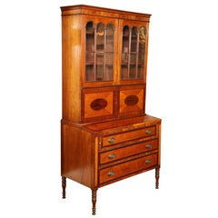 Antique Early 19th Century American Sheraton 2 Part Secretary of Mahogany & Tiger Maple