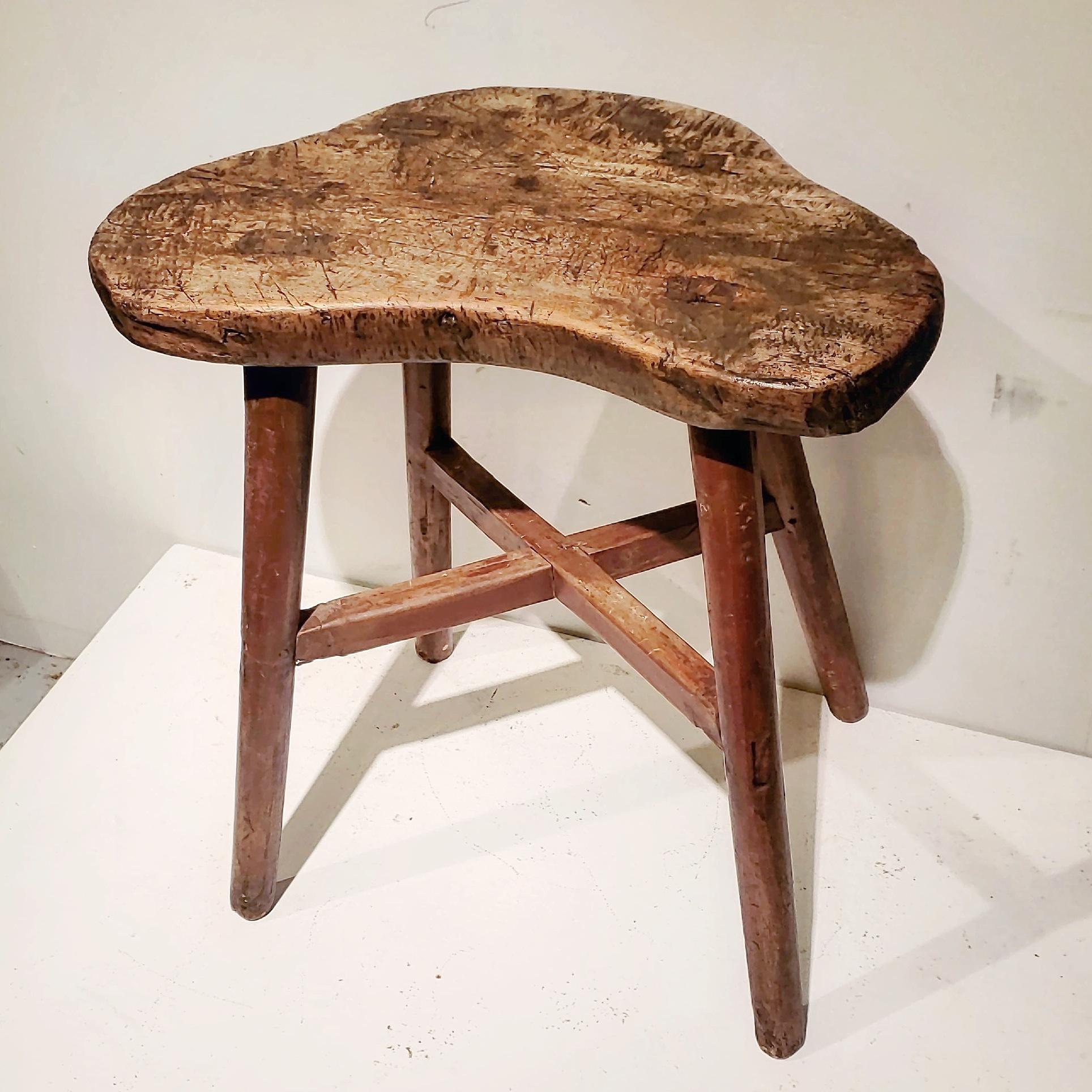 Primitive Early 19th Century American Stool in Old Red Wash For Sale