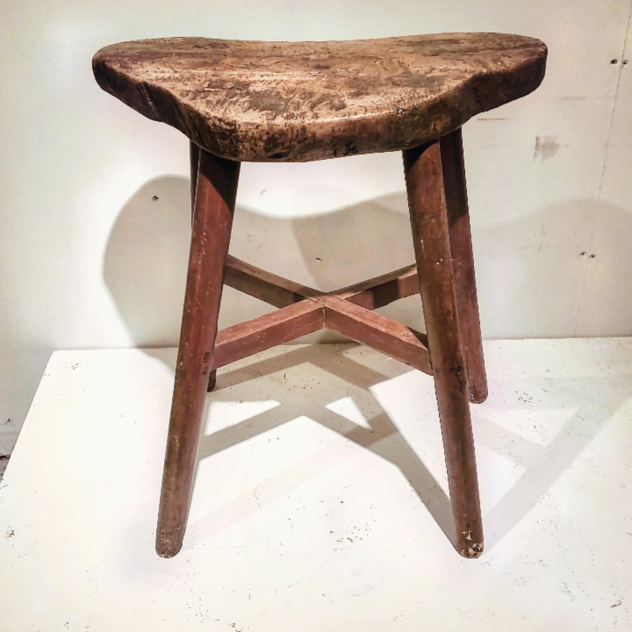 Wood Early 19th Century American Stool in Old Red Wash For Sale
