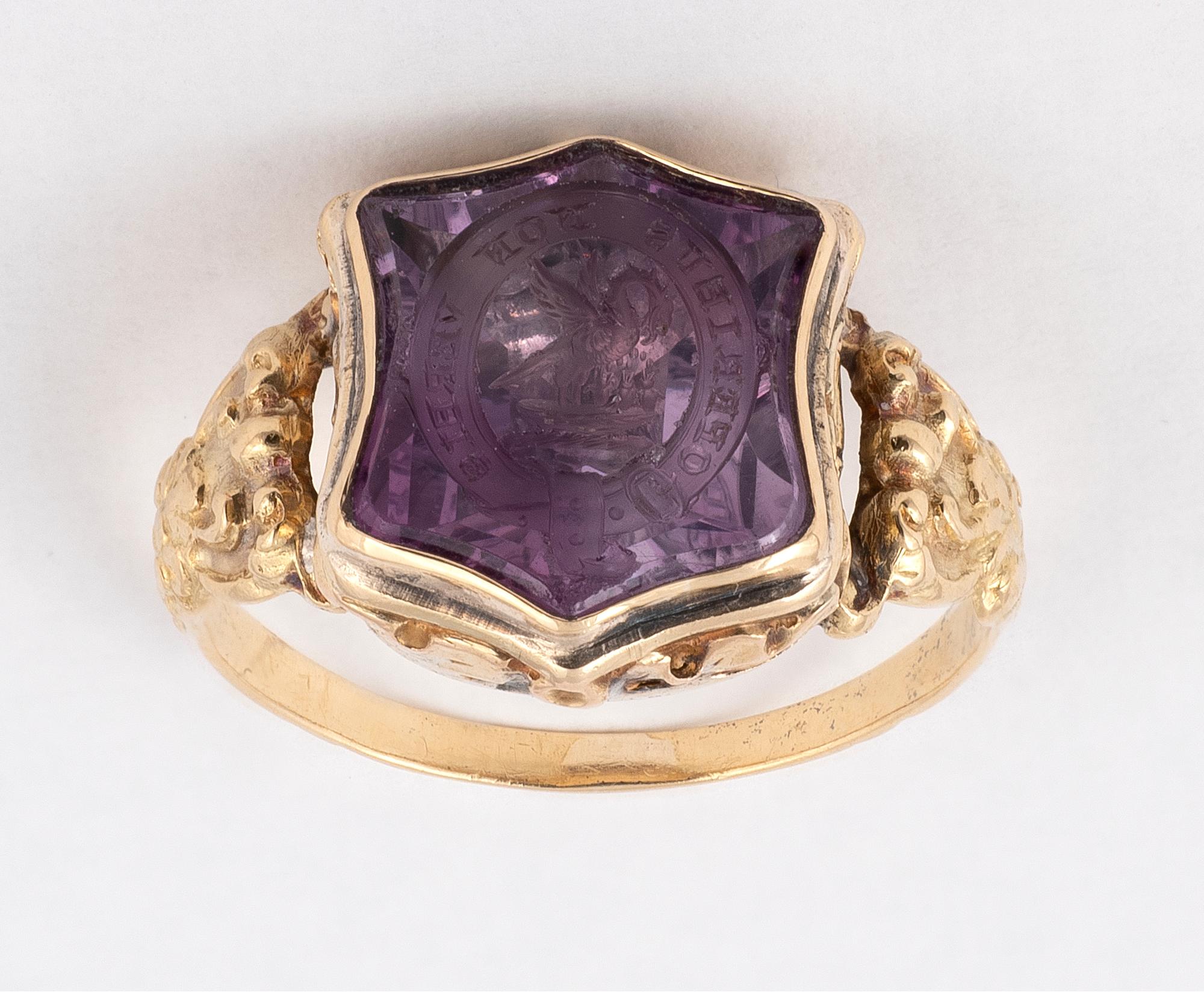 Shield Cut Early 19th Century Amethyst Intaglio Ring