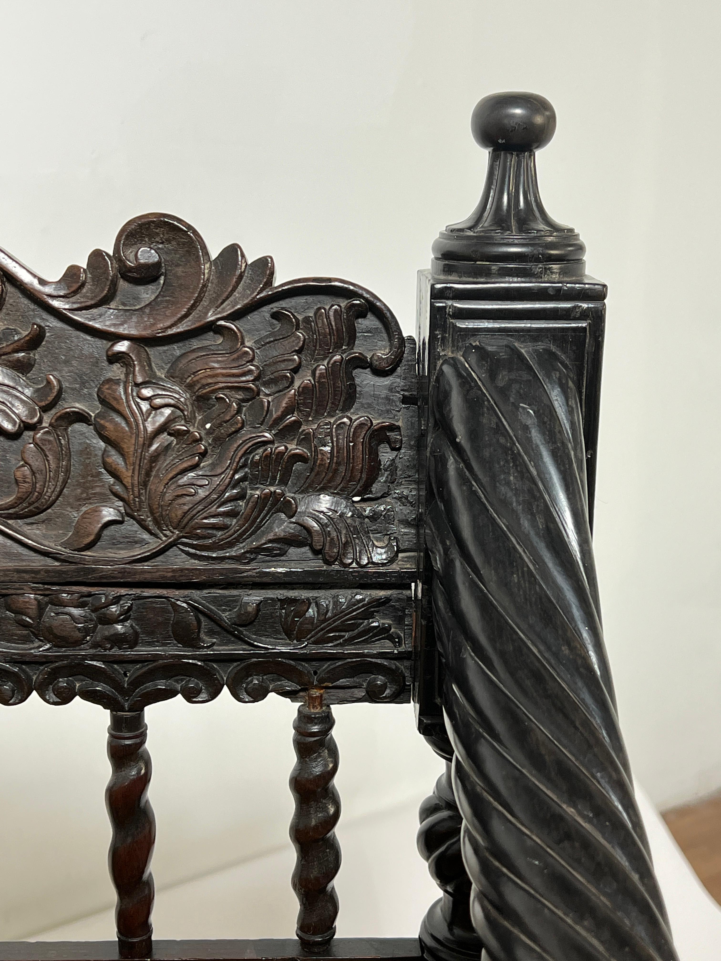 Early 19th Century Antique Anglo Indian Caned Seat Settee in Carved Ebony For Sale 5