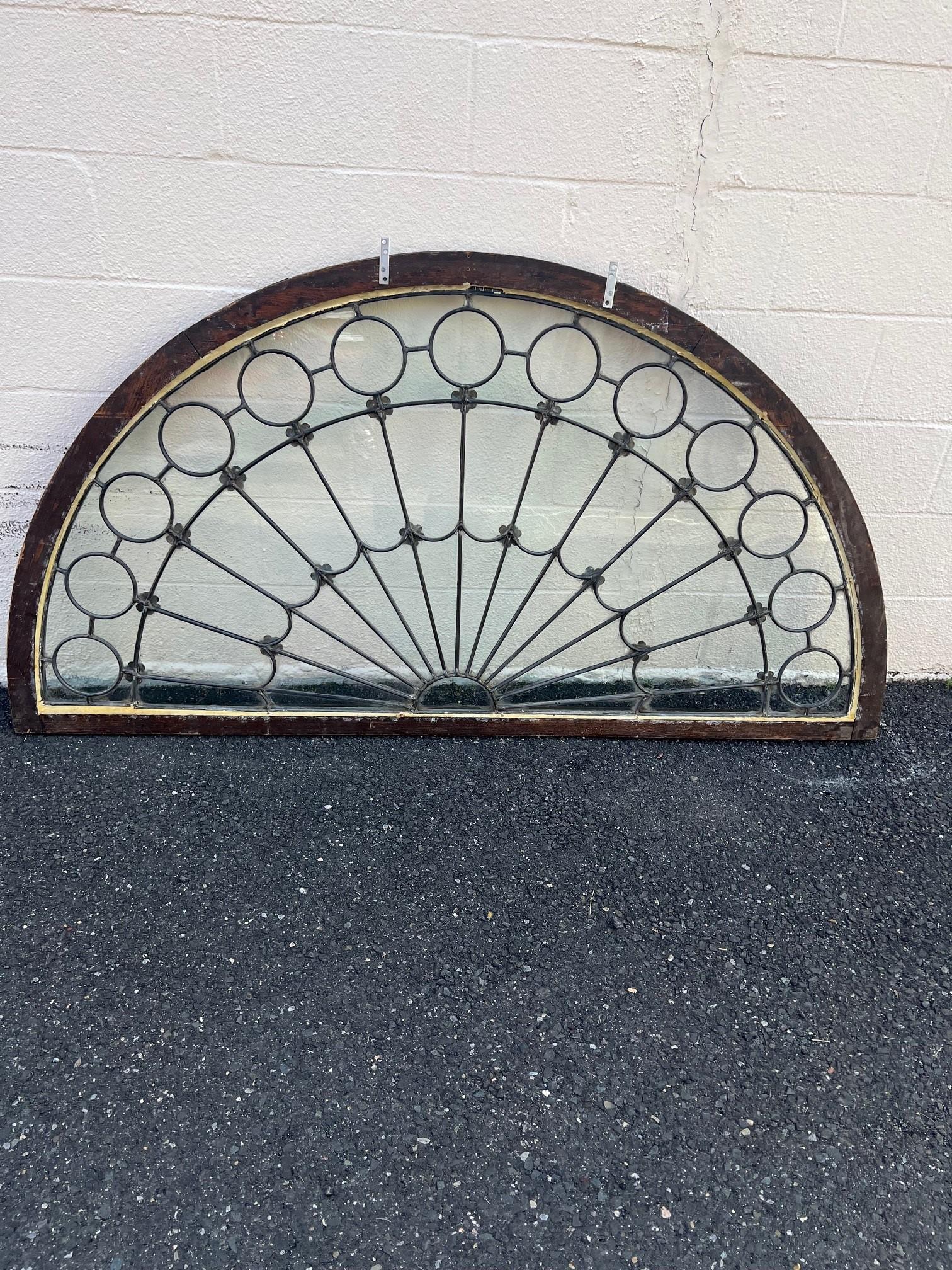 Early 19th Century Antique Arched Transom Window Clear Glass in Zinc Caning   5
