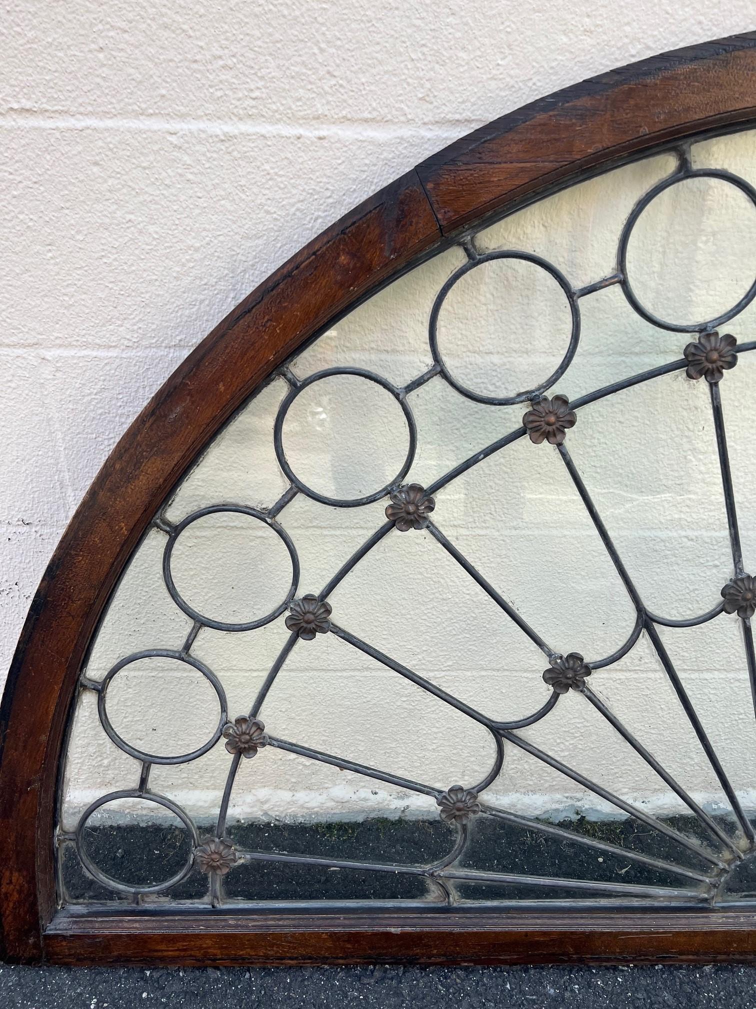 American Early 19th Century Antique Arched Transom Window Clear Glass in Zinc Caning  