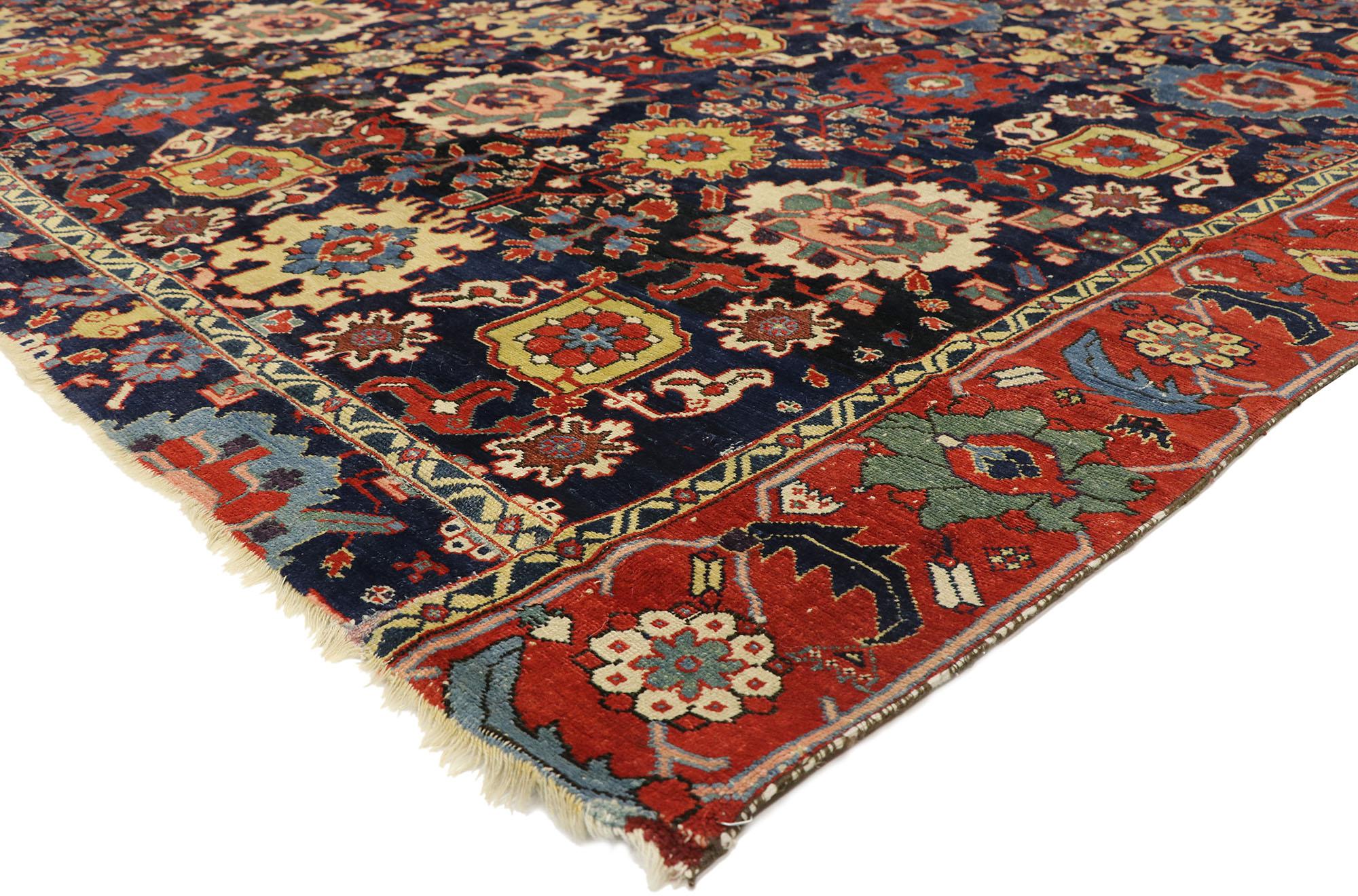 77021 Early 19th Century Antique Caucasian Azerbaijan Rug, 09'07 x 08'00.
With its beguiling beauty and rich jewel-tones, this hand-knotted wool early 19th century antique Azerbaijan Harshang rug is poised to impress. An all-over botanical pattern