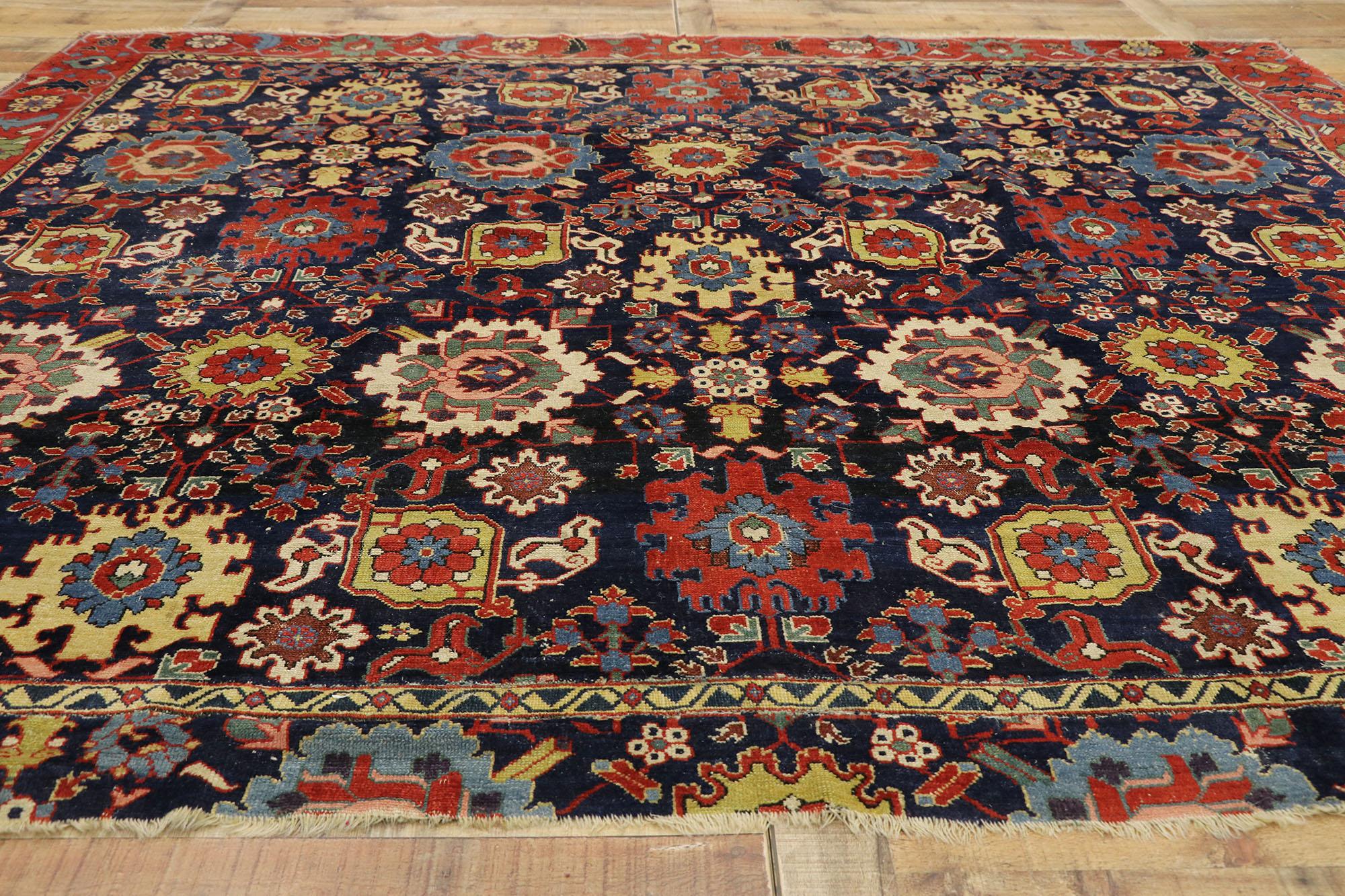 Early 19th Century Antique Caucasian Azerbaijan Rug with Harshang Design In Distressed Condition For Sale In Dallas, TX