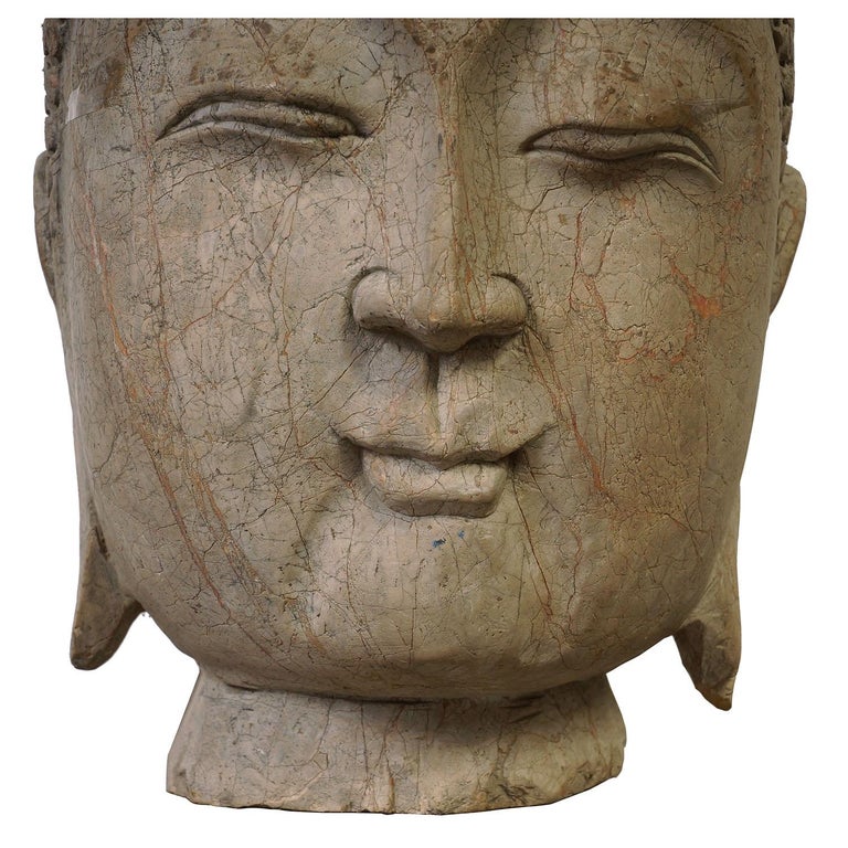 Early 19th Century Antique Chinese Carved Stone Buddha Head Statue For