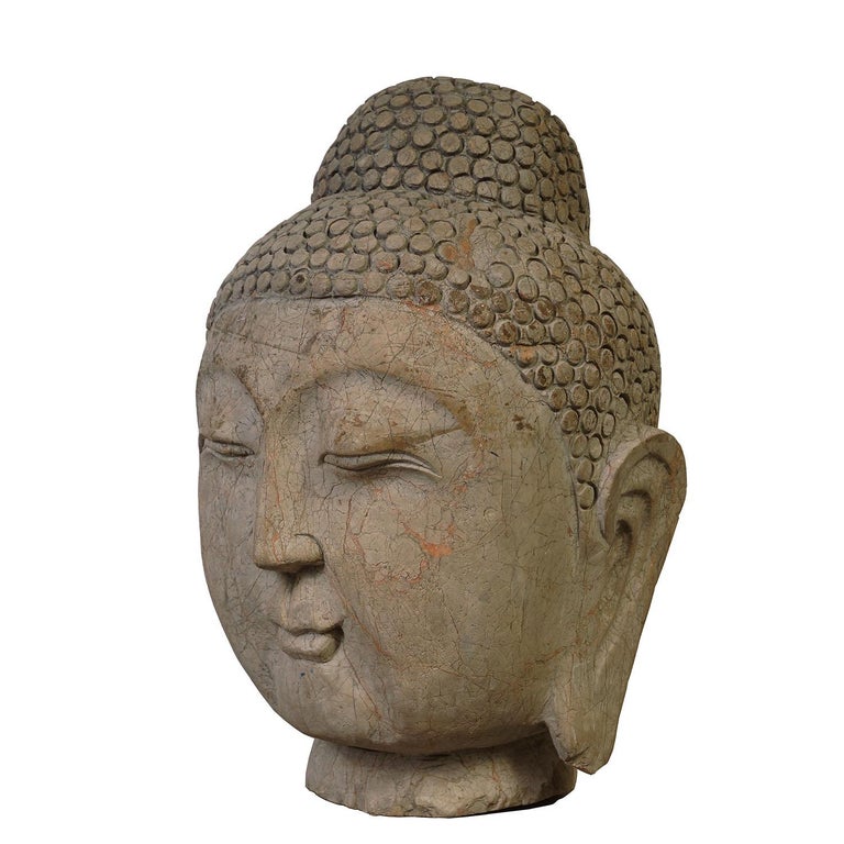 Early 19th Century Antique Chinese Carved Stone Buddha Head Statue For