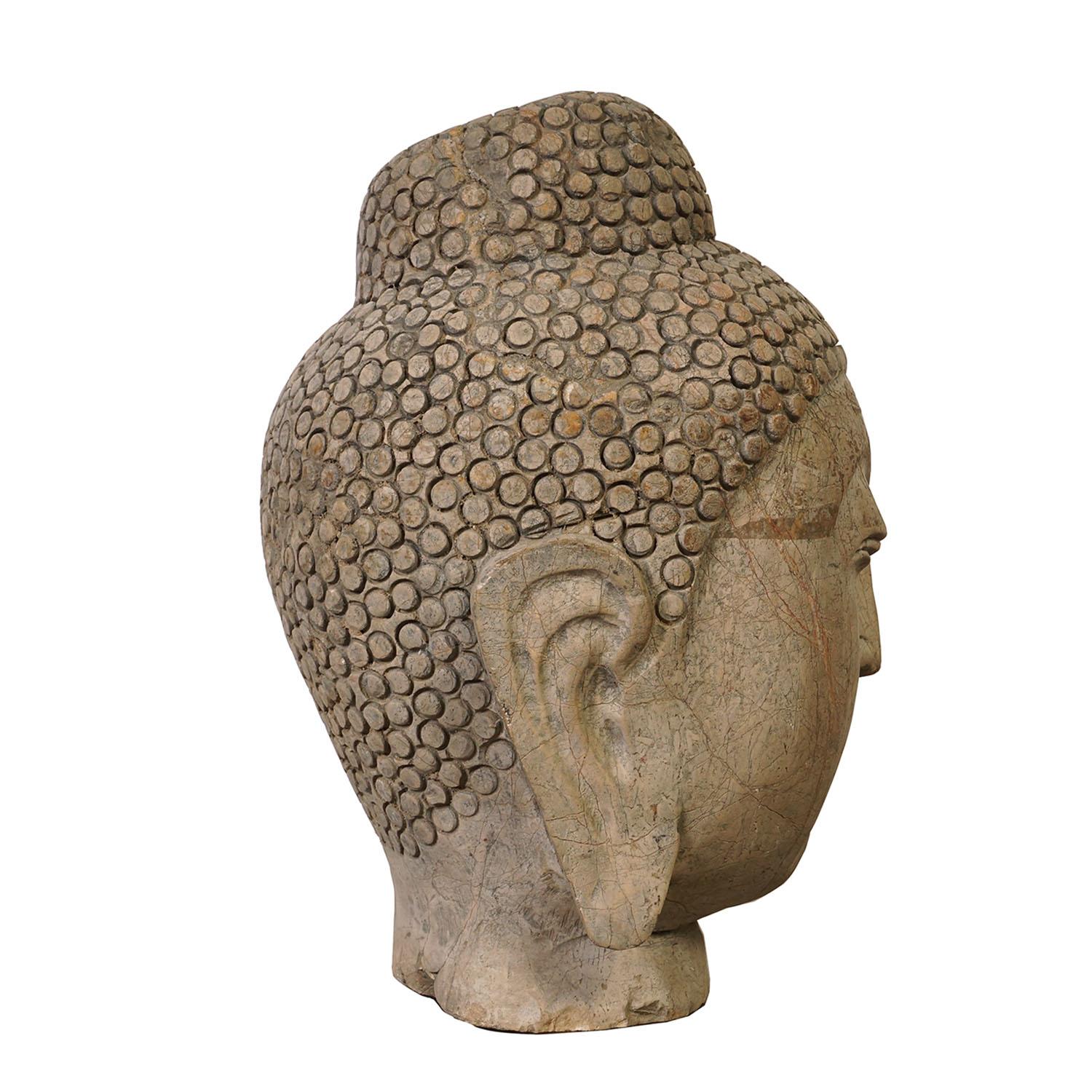 Early 19th Century Antique Chinese Carved Stone Buddha Head Statue In Good Condition For Sale In Pomona, CA