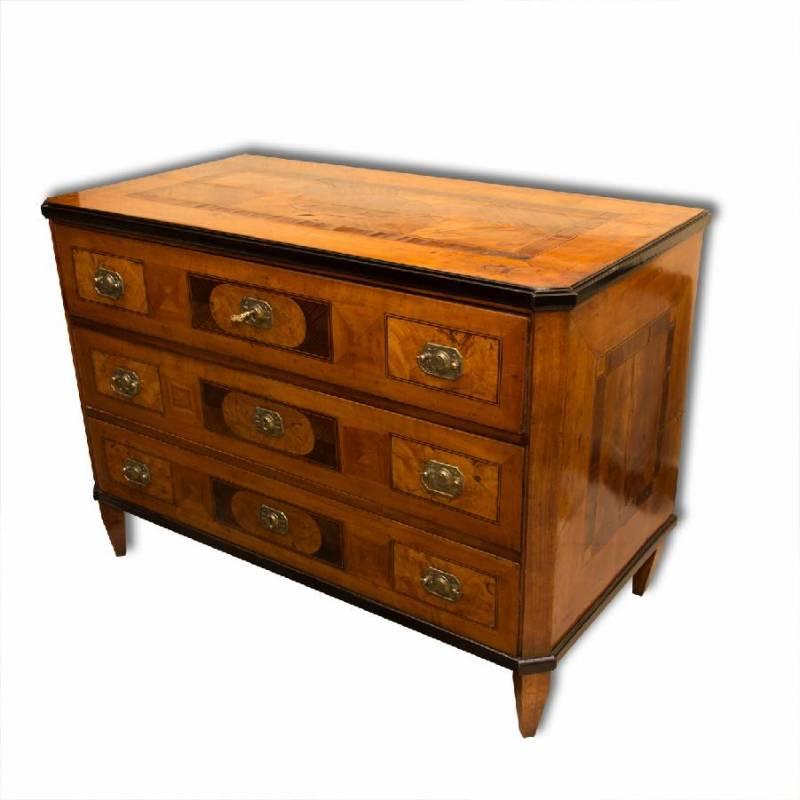 Chest of drawers from the Classicism period, was made at the beginning of the 19th century in Europe.
It features a walnut veneer and decorative motifs typical for this period. The chest is in excellent condition.