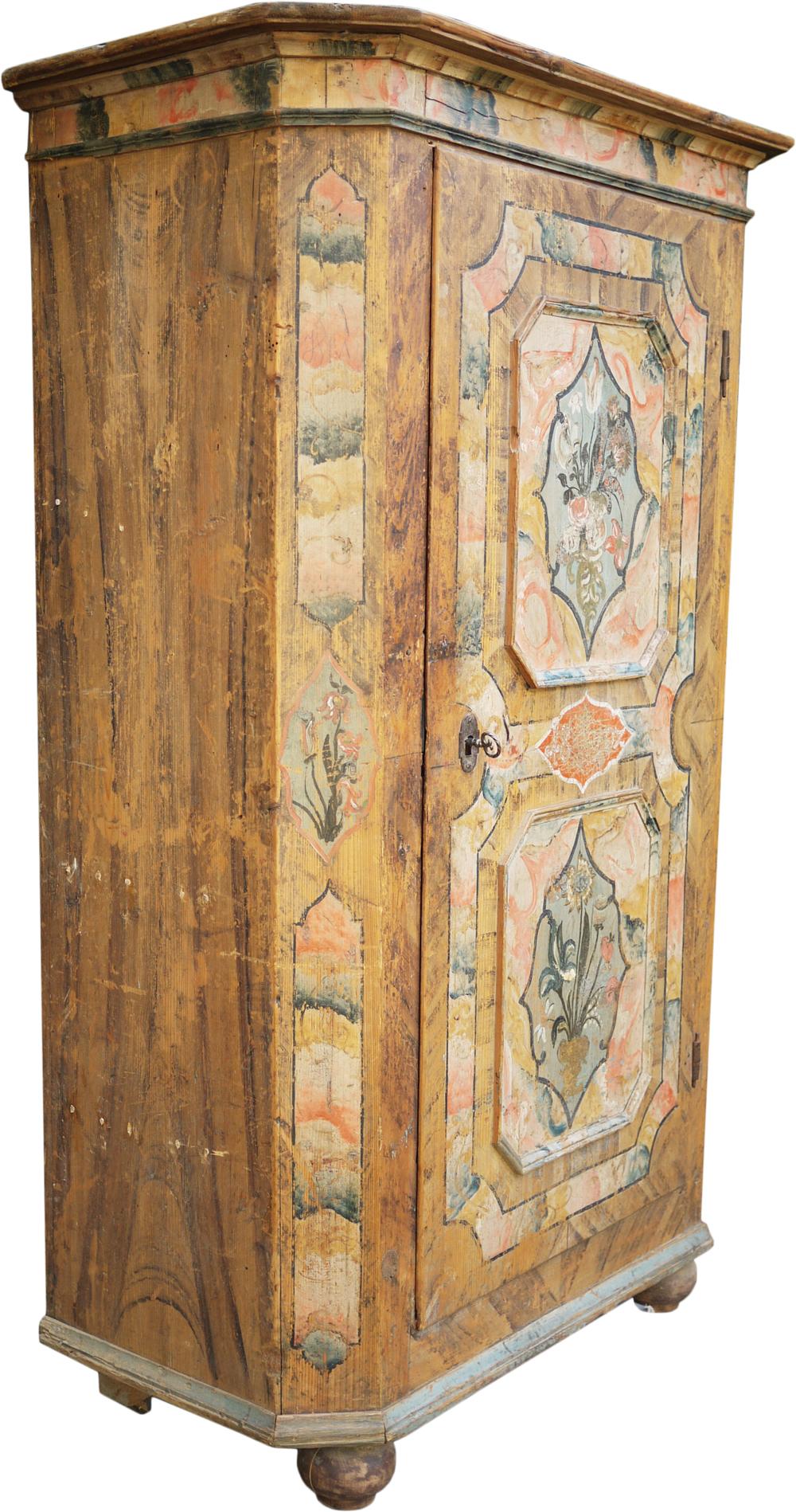 Painted Tyrolean wardrobe - mountain furniture

H.172cm - L.95cm (107cm to the frames) - P.50cm (56cm to the frames)
H. 67,7in - W.37,4in (42,1in to the frames) - P.19,6in (22in to the frames)

Tyrolean (Northern Italy) painted cabinet with one