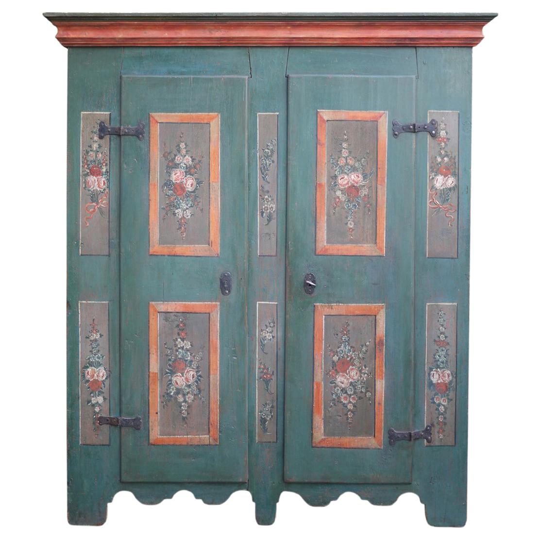 Early 19th Century Antique Floral Hand Painted Two Doors Wardrobe