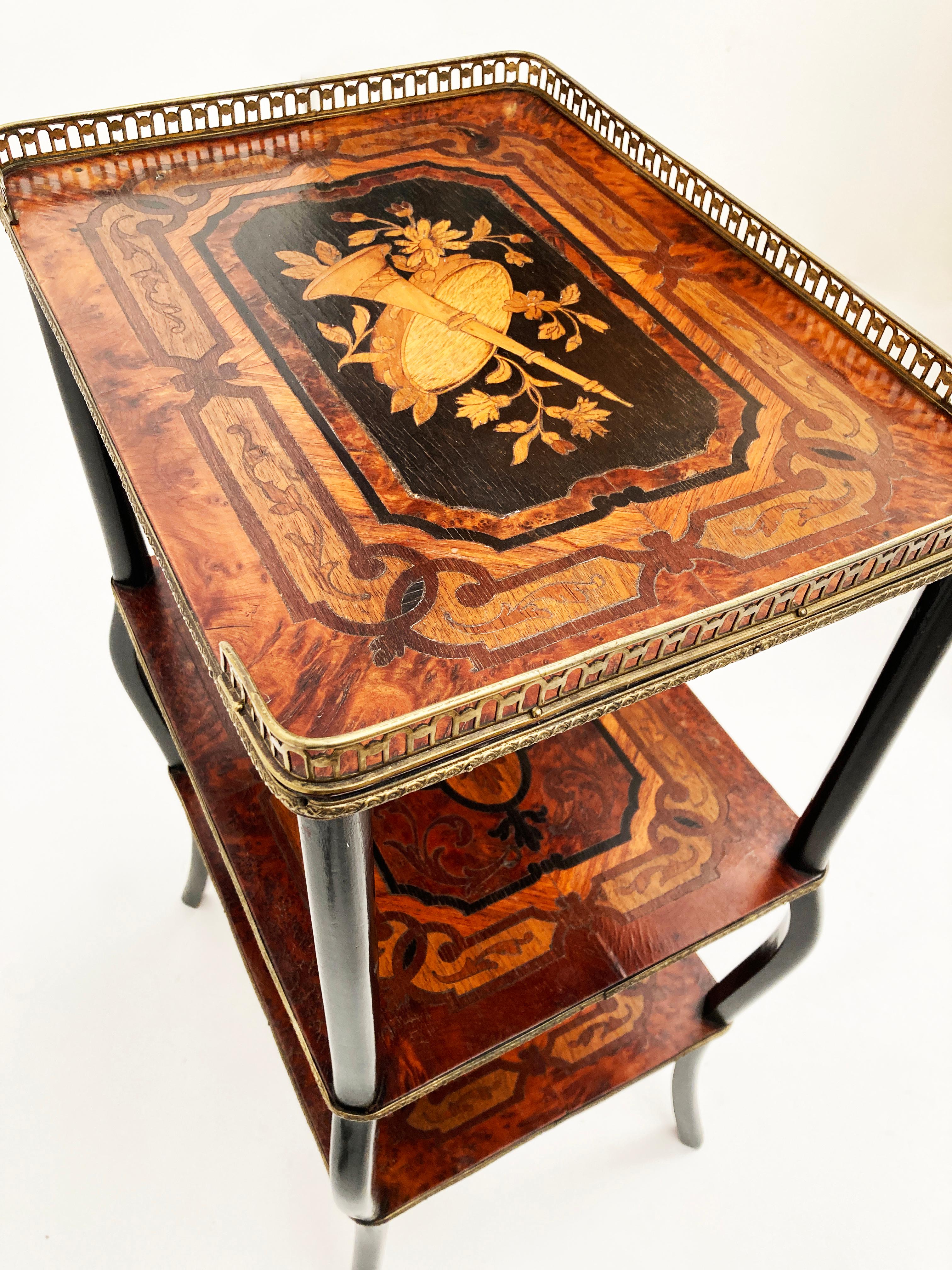 Ebonized Early 19th Century Antique French Marquetry Inlaid 3-Tier Side Table For Sale