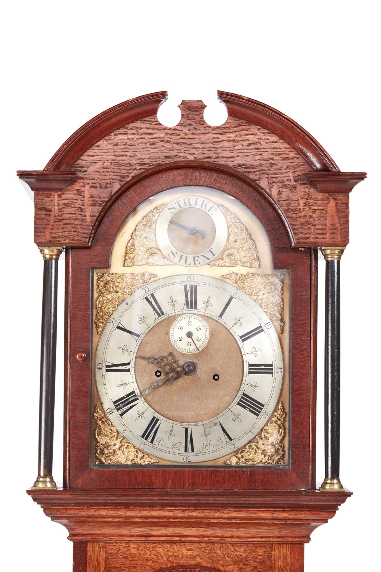 Early 19th century antique George III oak brass face 8 day grandfather clock with a swan-neck pediment and a very attractive brass face with seconds dial, strike and silent dial, 8 day duration mechanism striking the hour on a bell and a stunning