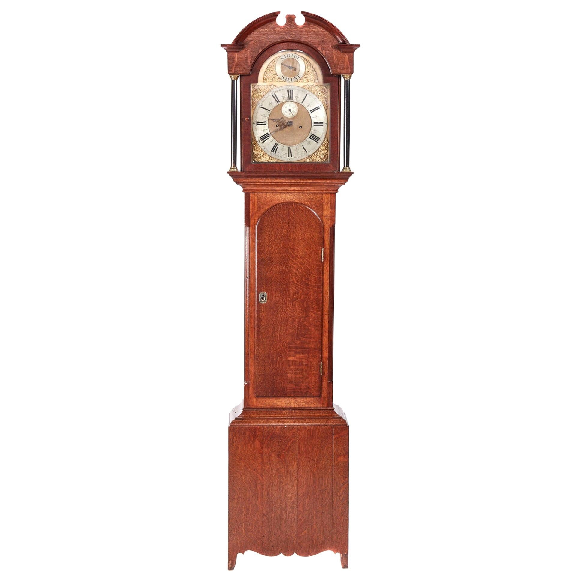 Early 19th Century Antique George III Oak Brass Face 8 Day Grandfather Clock