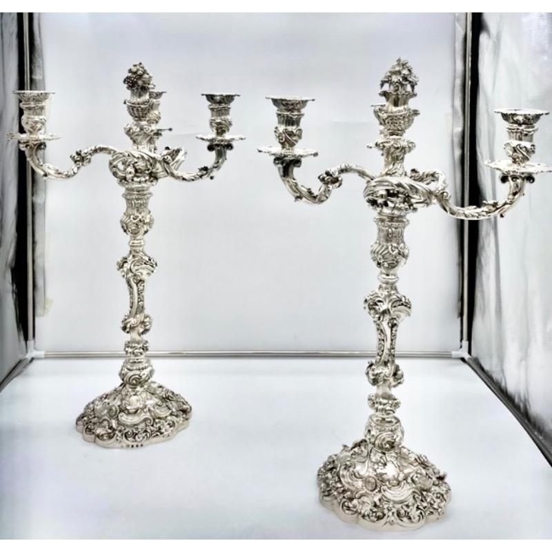 Rococo Early 19th Century Antique George IV Silver Pair Cast Candelabra London 1825. For Sale