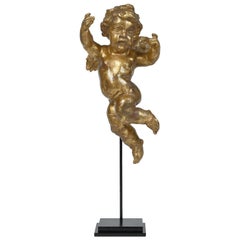 Early 19th Century Antique Gold Painted Wooden Cherub / Putto