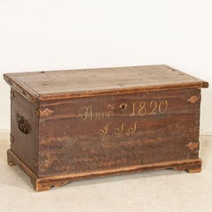 Early 19th Century Antique Original Red Painted Flat Top Trunk, Dated 1820