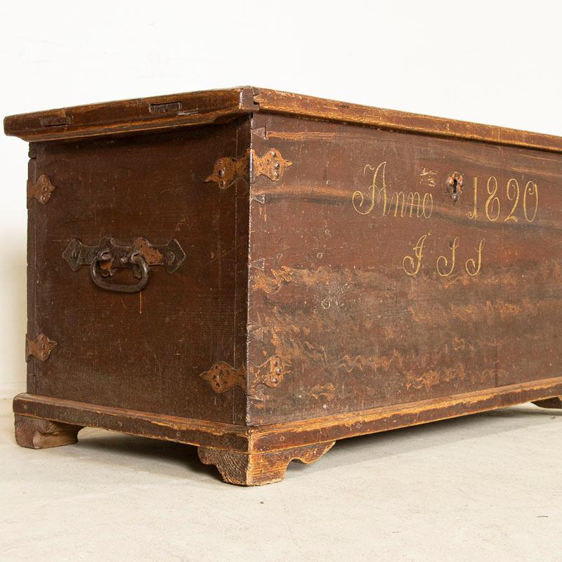Early 19th Century Antique Original Red Painted Flat Top Trunk, Dated 1820 4