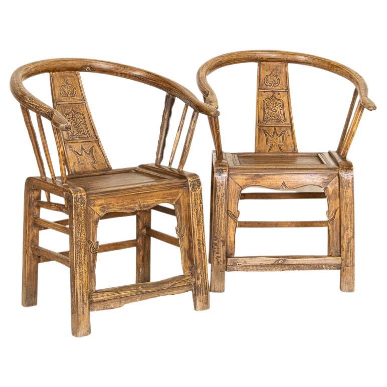 Early 19th Century Antique Pair of Carved Arm Chairs from China For Sale