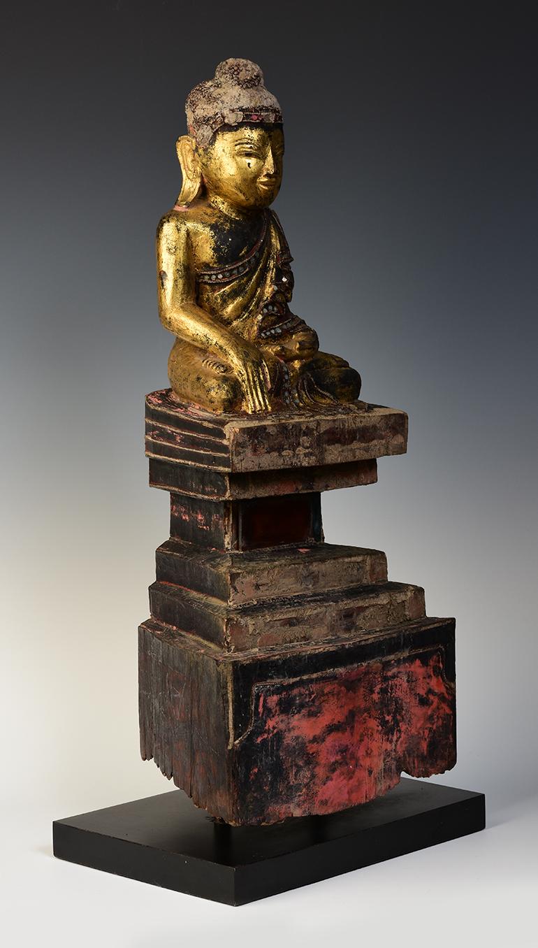  Early 19th Century, Antique Tai Yai Burmese Wooden Seated Buddha For Sale 7