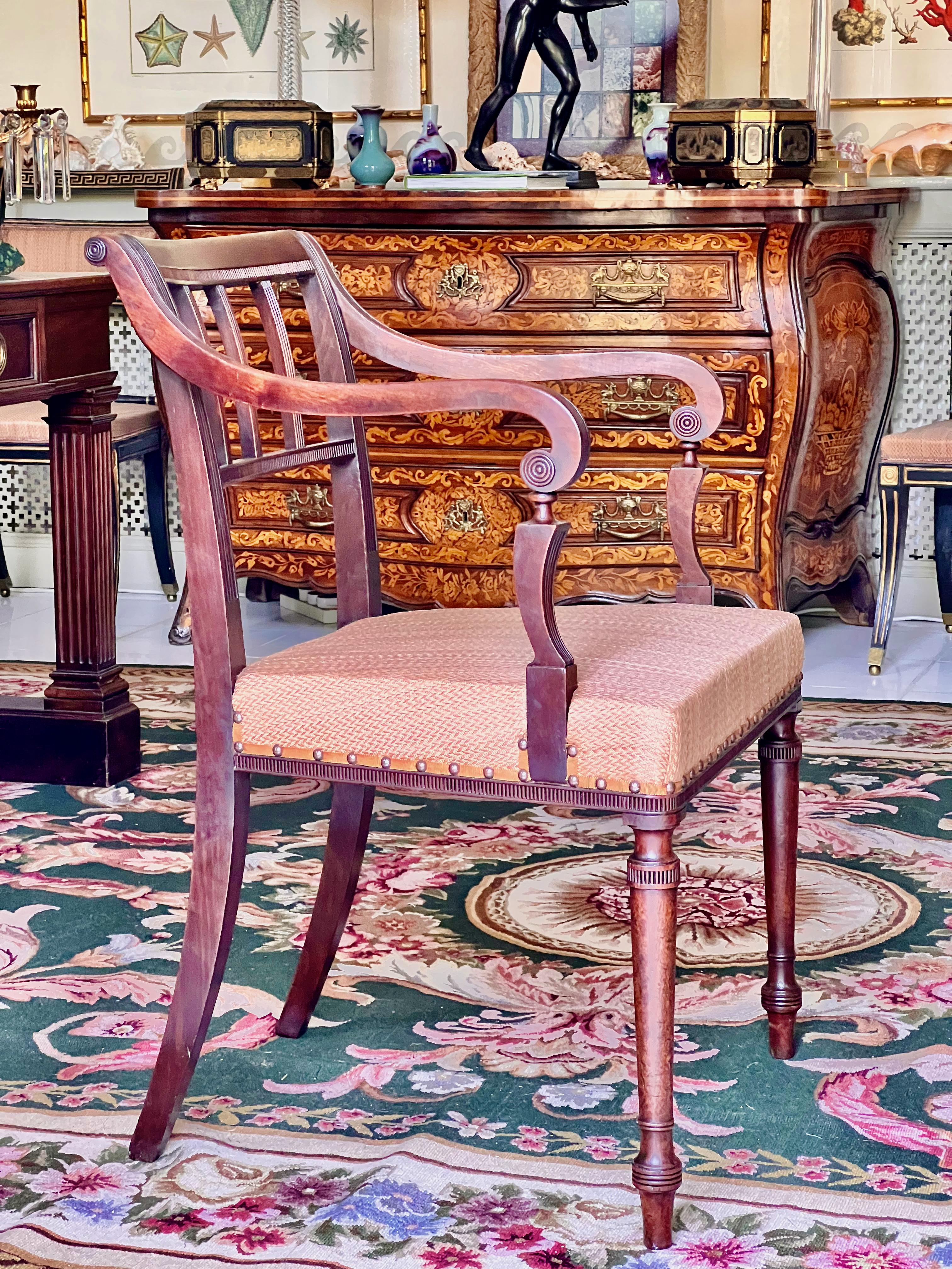 An elegant late George III – early Regency period open armchair of unusual design and subtle decoration. Beautifully drawn and smart looking and will compliment perfectly either classical or modern interior.

England or Scotland, circa