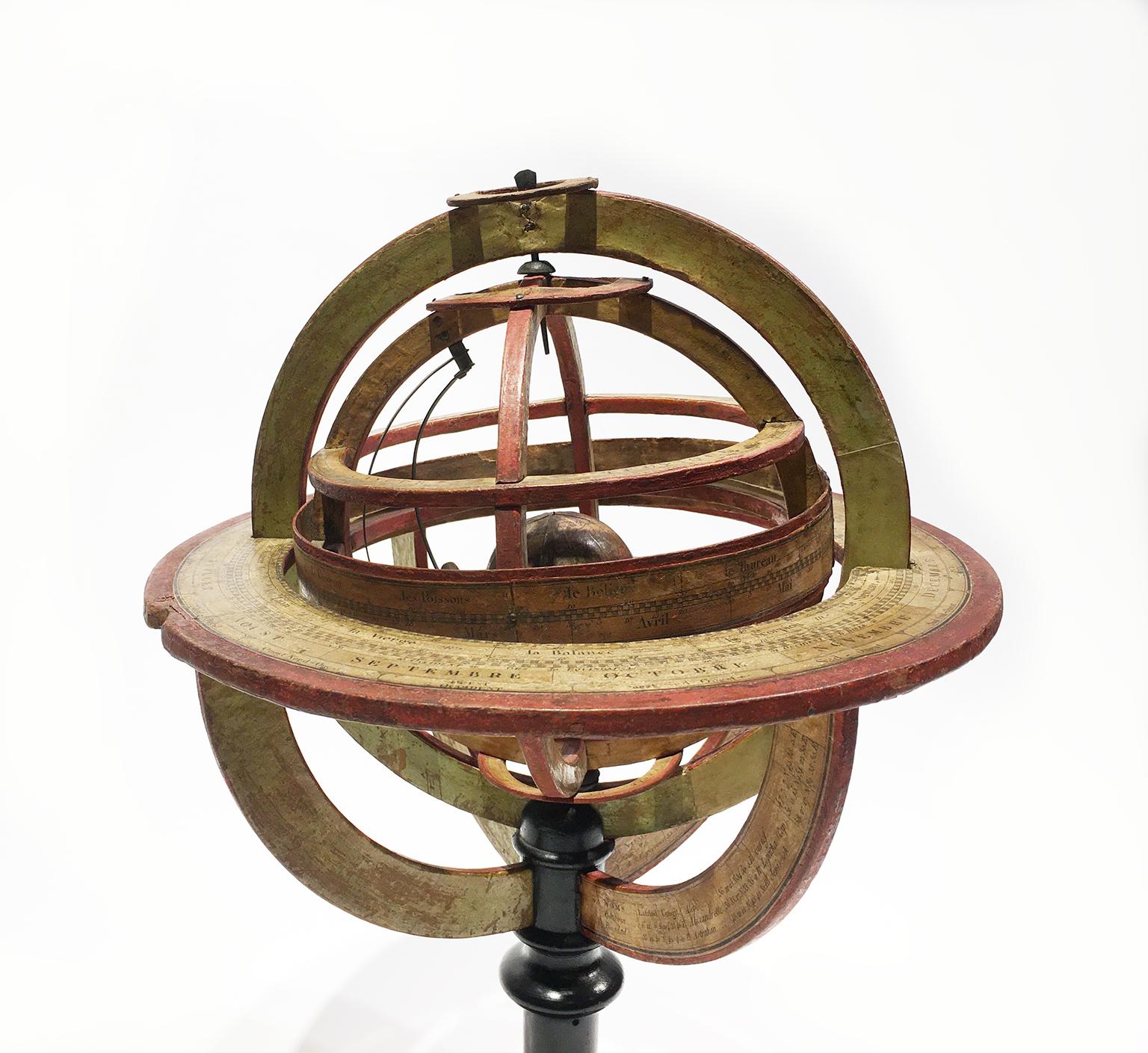 Charles-François Delamarche
Ptolemaic armillary sphere
Paris, circa 1805-1810
Wood and papier-mâché
covered with printed and partly hand-coloured paper
It measures 15.74” in height, 11.02” in diameter (40 – Ø 28 cm)
2.052 lb (931 g)

State of