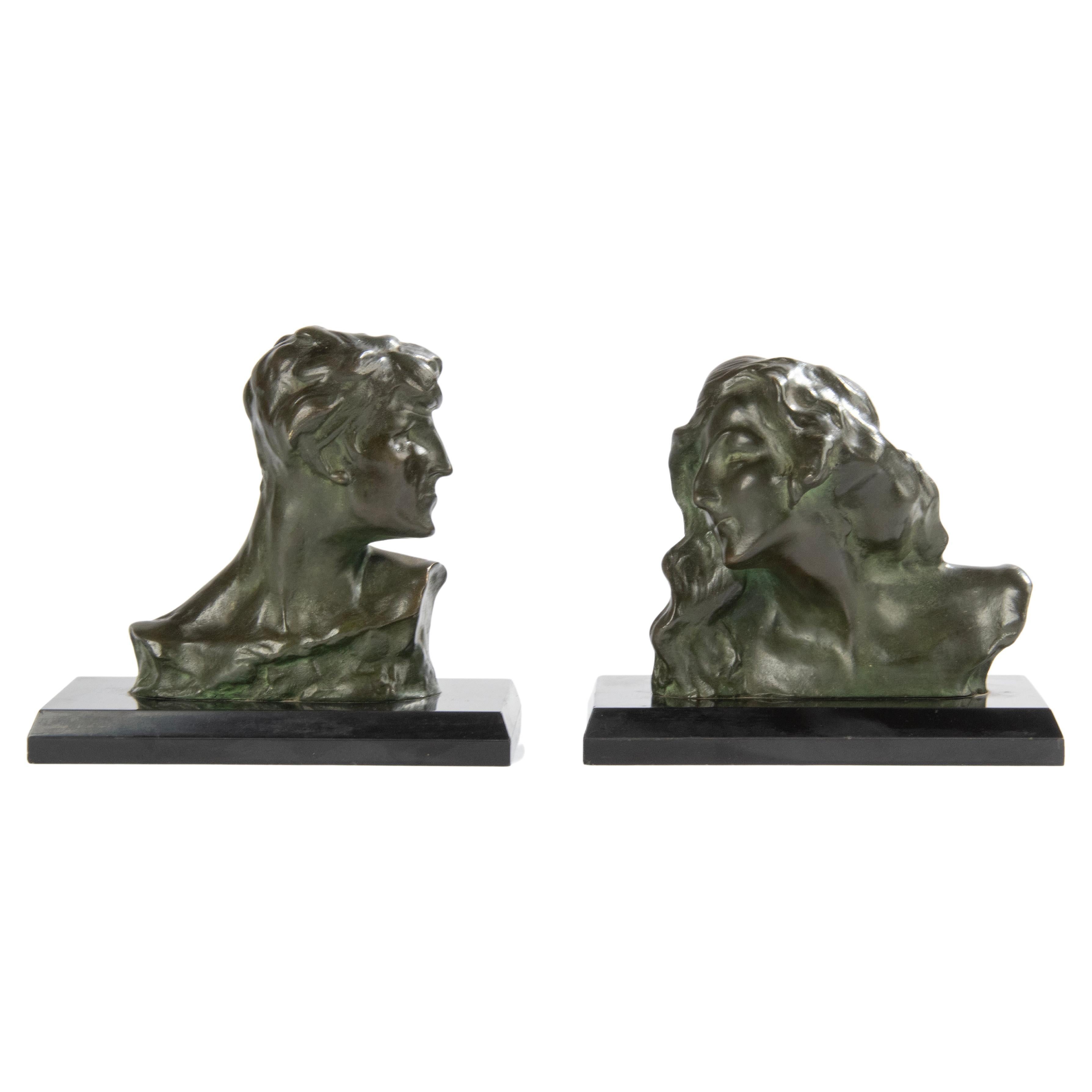 Early 19th Century Art Nouveau Bronze Bookends/Bust - Jacques Marin For Sale