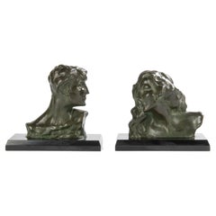 Antique Early 19th Century Art Nouveau Bronze Bookends/Bust - Jacques Marin