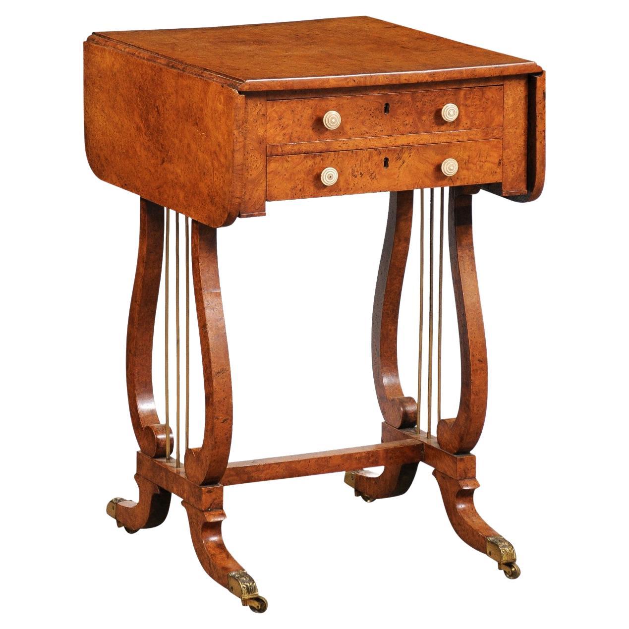 Early 19th Century Baltic Sewing Table in Birch with Drop Leaves, 2 Drawers