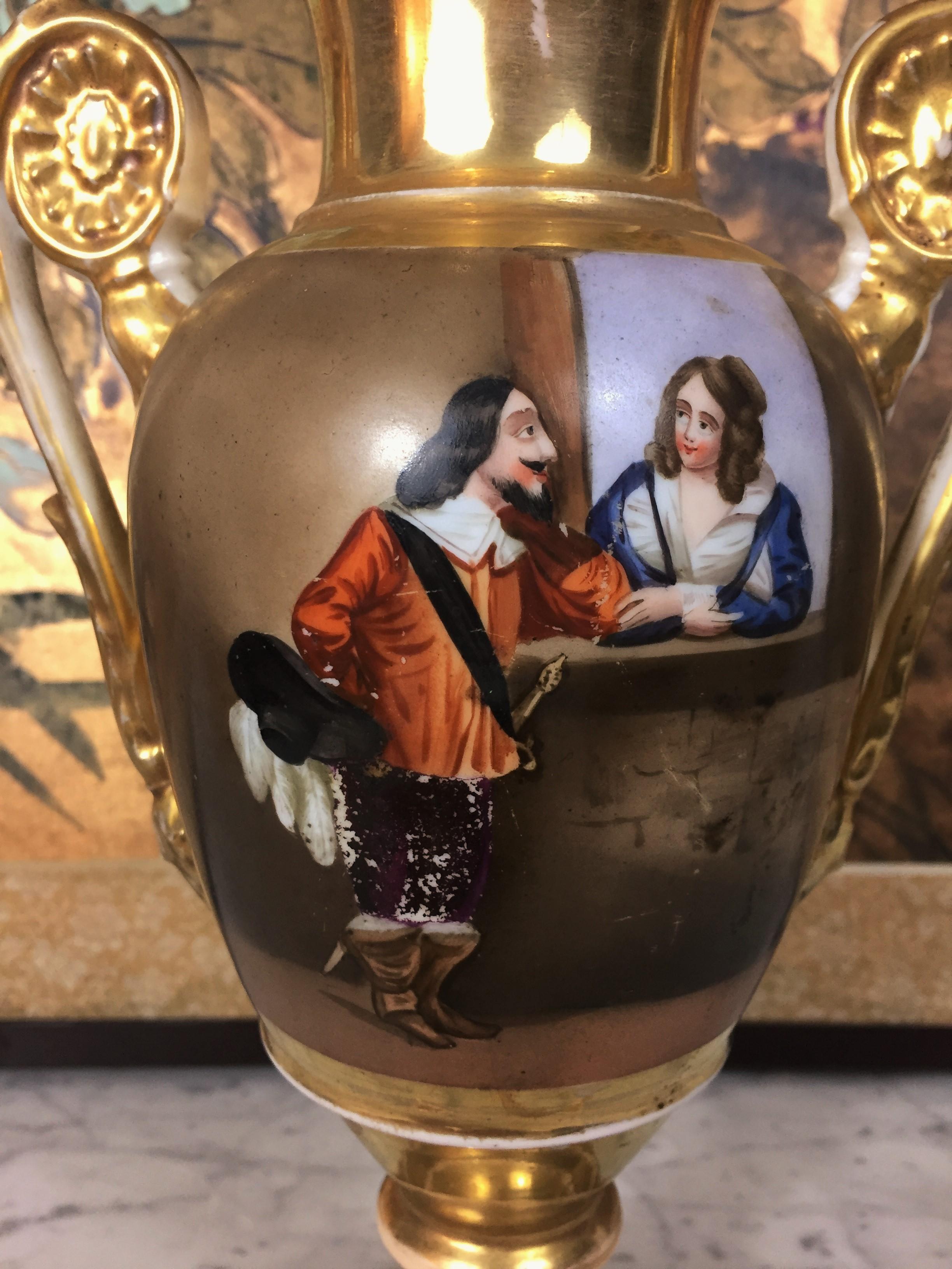 French Early 19th Century Baluster Vase in Porcelain Paris Painted and Gilded by Hand For Sale