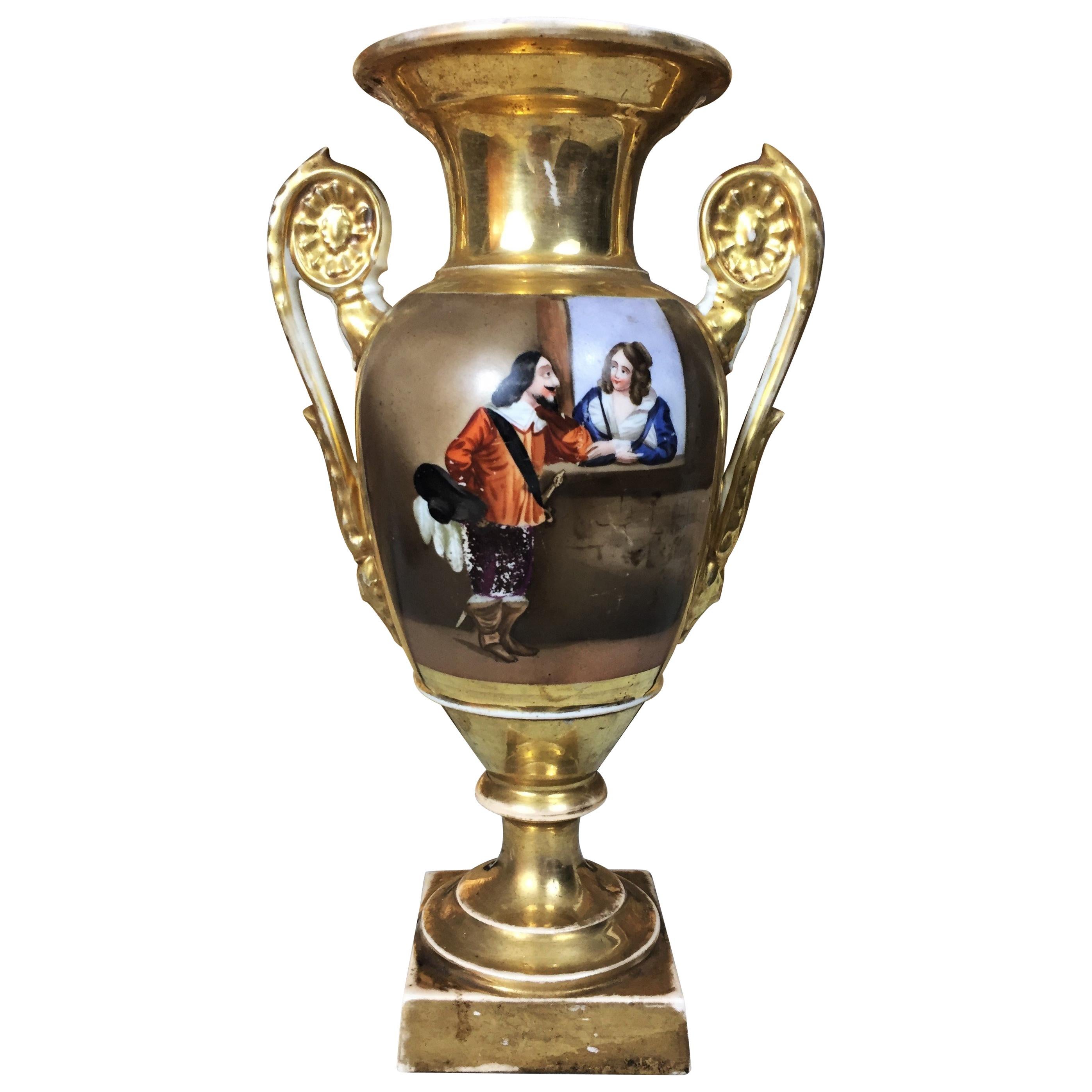 Jarrón balaustre de porcelana París de principios del siglo XIX pintado y dorado a mano en venta