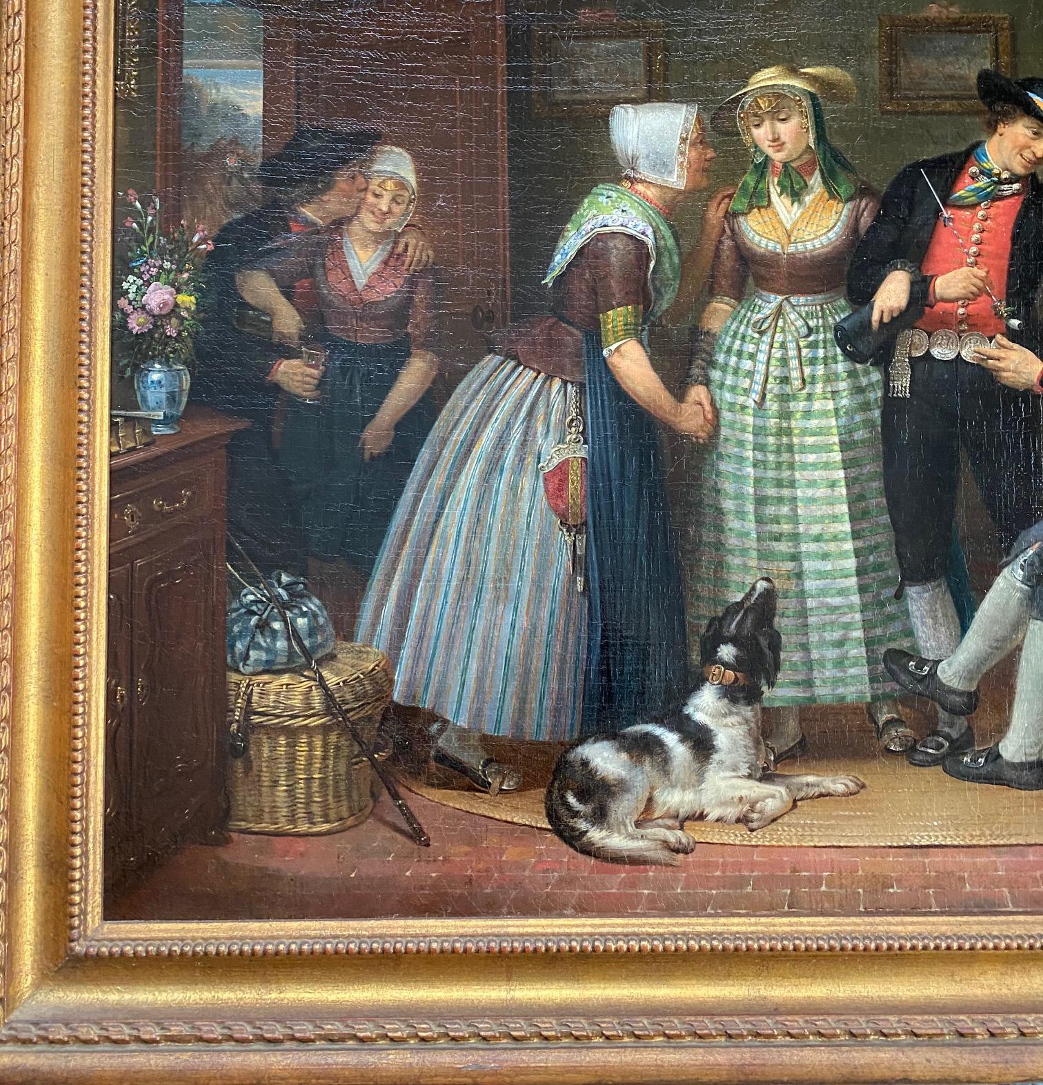 Pittura di genere nordeuropea di inizio XIX secolo raffigurante un matrimonio, non firmata, fine del XVIII o inizio del XIX secolo, un olio su tela finemente dettagliato con molte figure in festa in un interno. Il soggetto sembra essere belga a