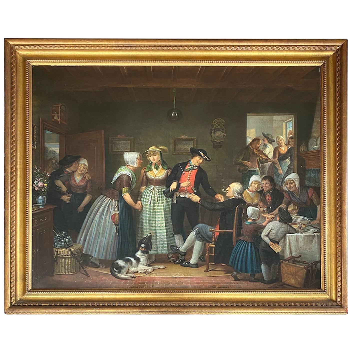 Peinture de genre belge du début du 19e siècle d'un mariage