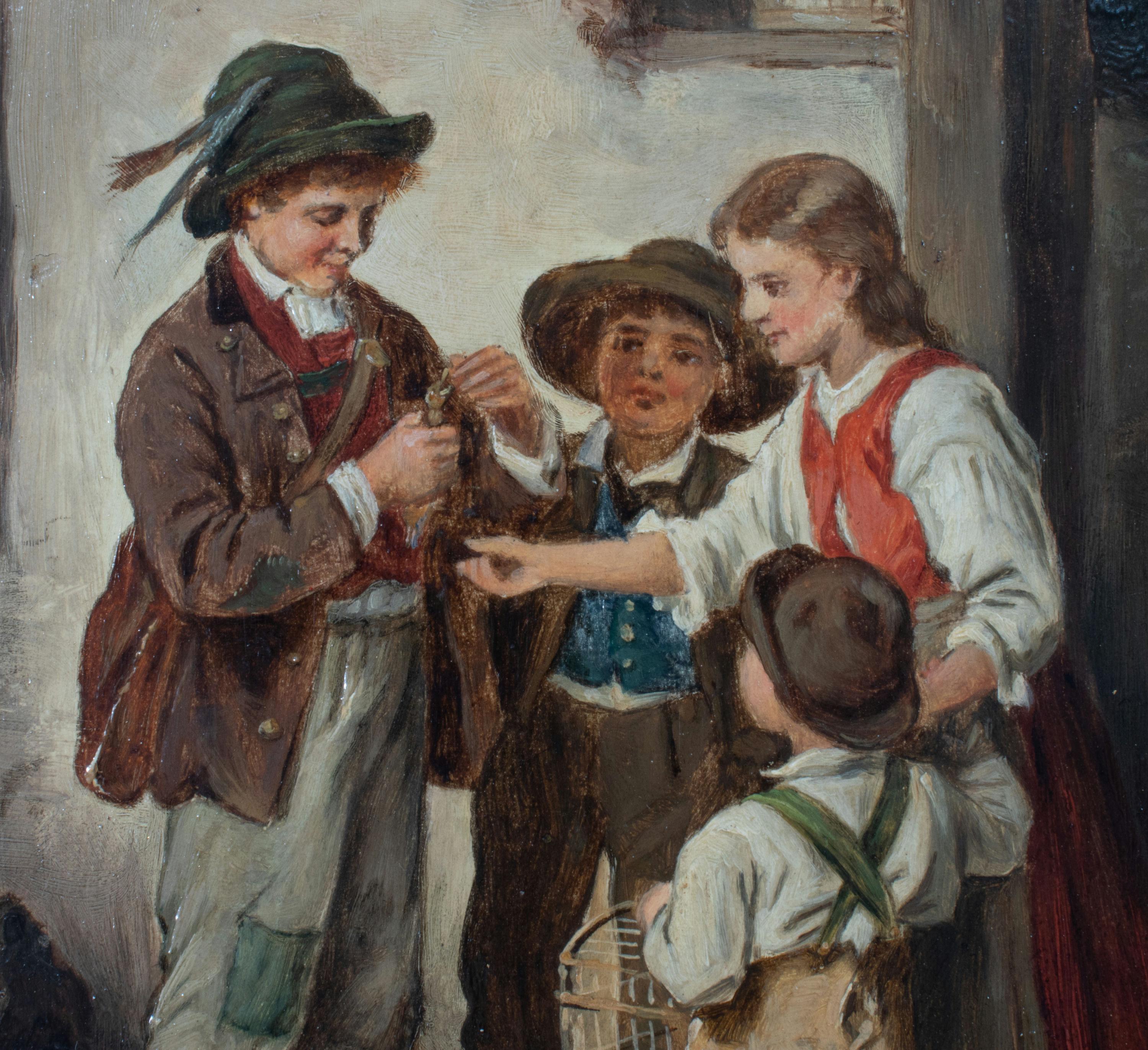 Questo incantevole dipinto a olio su tavola di André Collin, risalente a fine secolo, raffigura un gruppo di quattro bambini riuniti ai piedi delle scale che danno da mangiare a un uccellino. Con un uso magistrale della luce e dell'ombra, un'altra