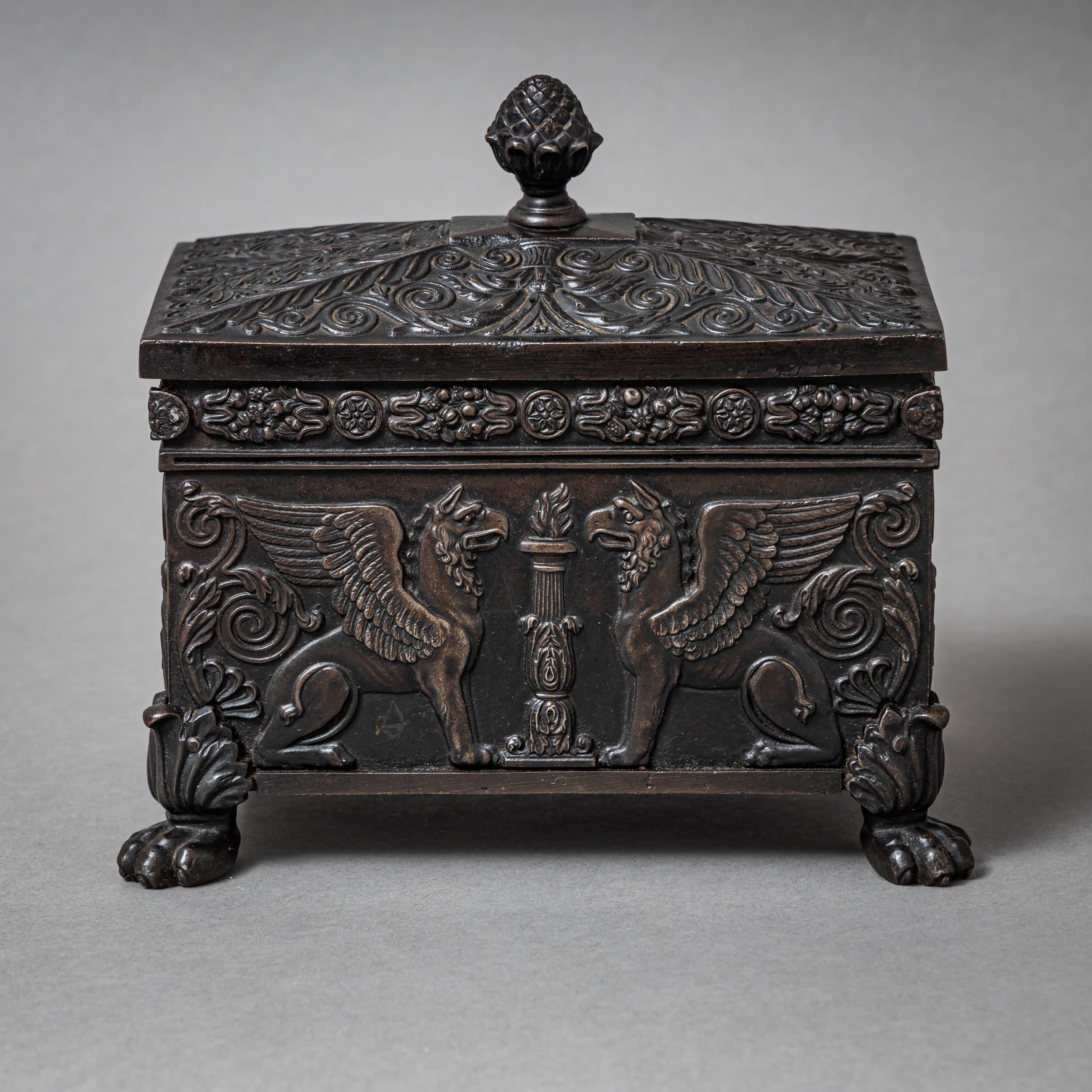 German Early 19th Century Berlin Iron Tobacco Box with Griffin Decoration For Sale